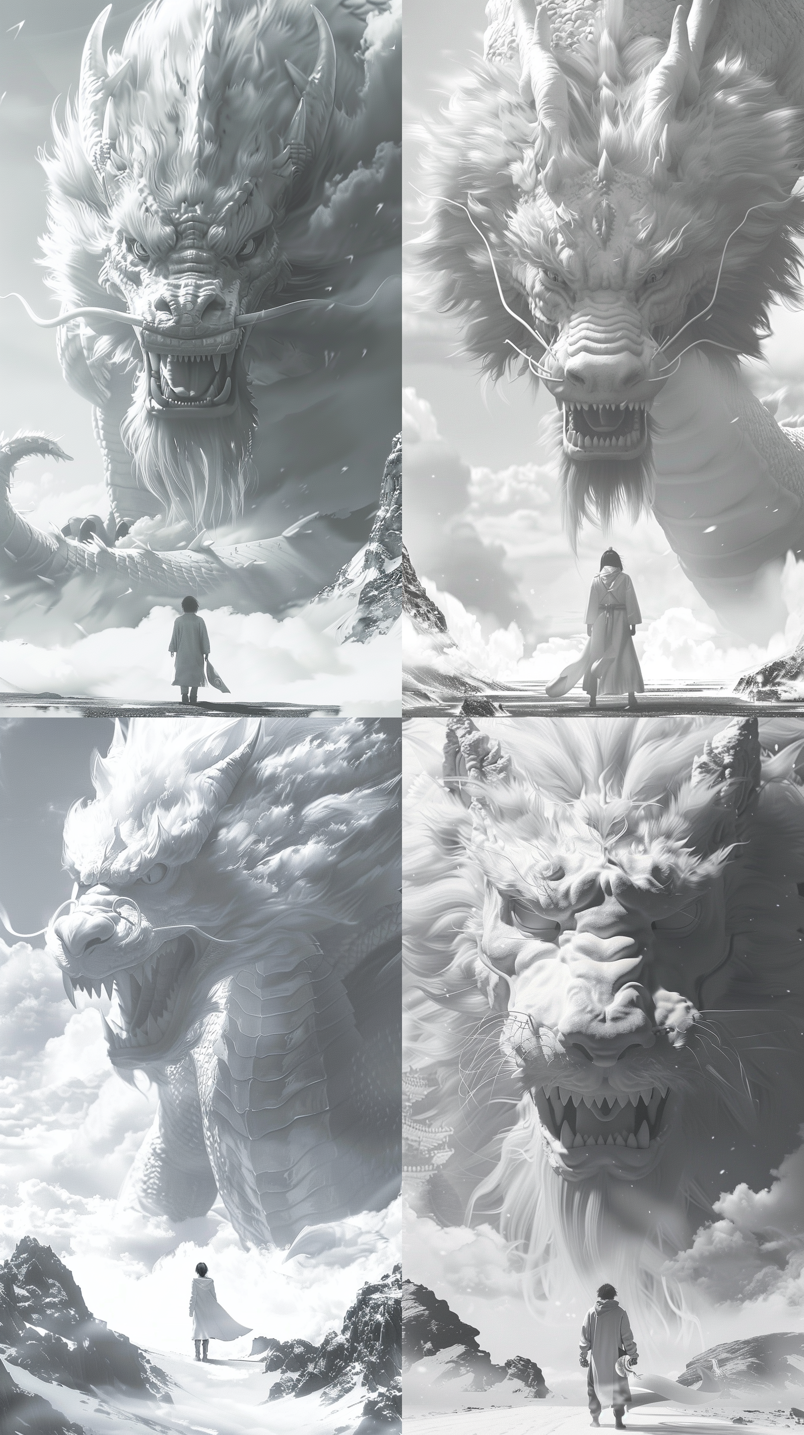人站在白云组成的龙下面，威武霸气，震撼场景，8k高清画质,竖版画面排版，广角镜头，大气光影，高对比度，壮丽色彩，静默表情，庄重。