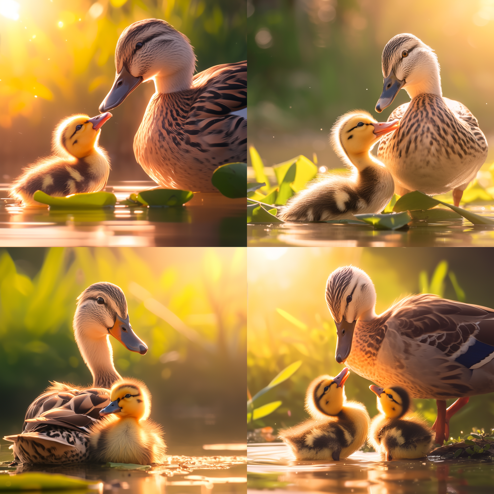 鸭妈妈和鸭宝宝，沼泽地，游来游去，近拍特写，自然光，柔和色调，湿润质感，亲昵，温馨。