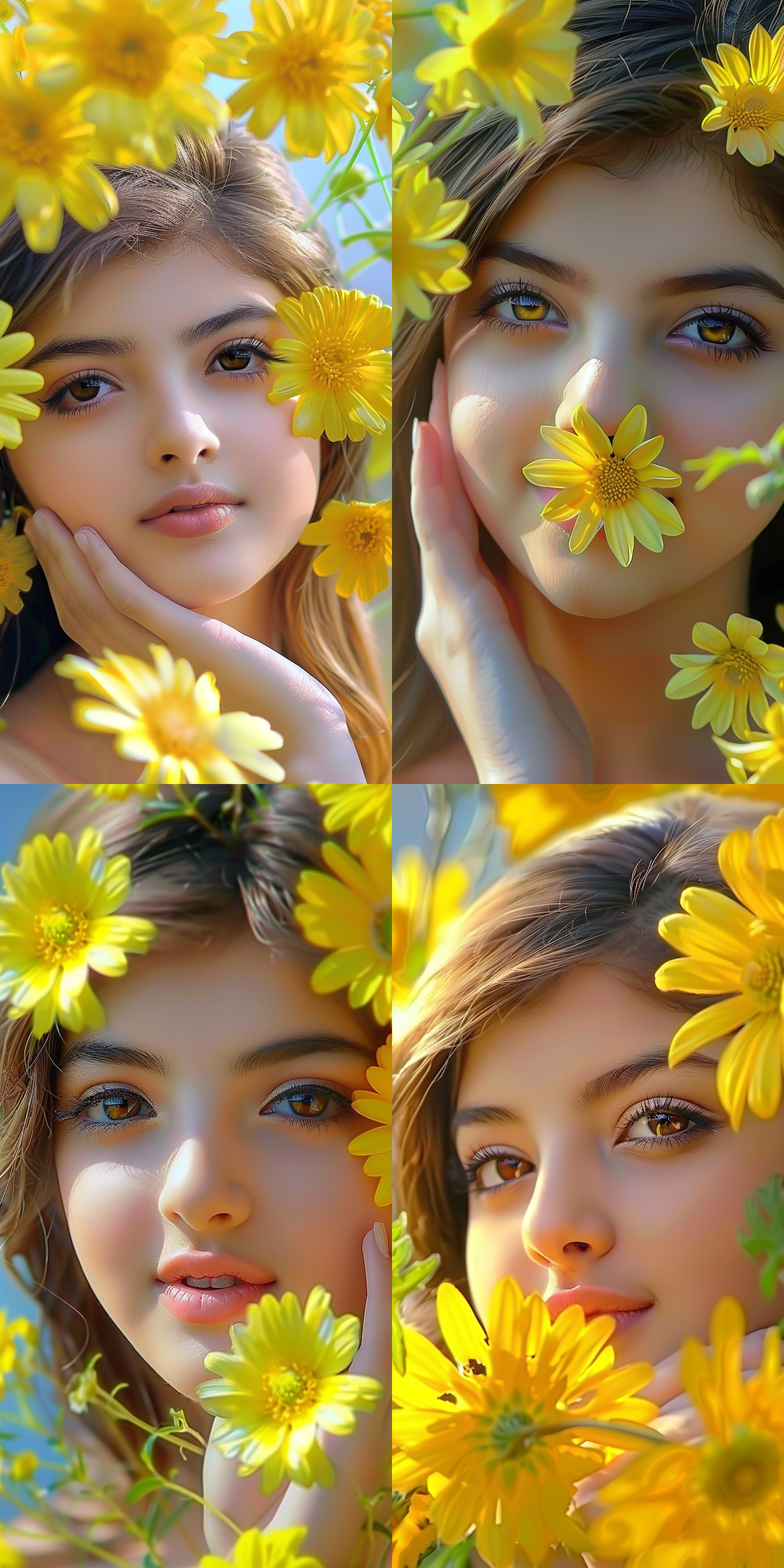 明亮多彩的金色花朵、浅橙色和白色花朵，32k超风格，漂亮女孩用柔软的叶子遮挡眼睛，高清浅橙色和浅青铜色，新鲜的超细节，具体组，超高清图像，动态色彩组合