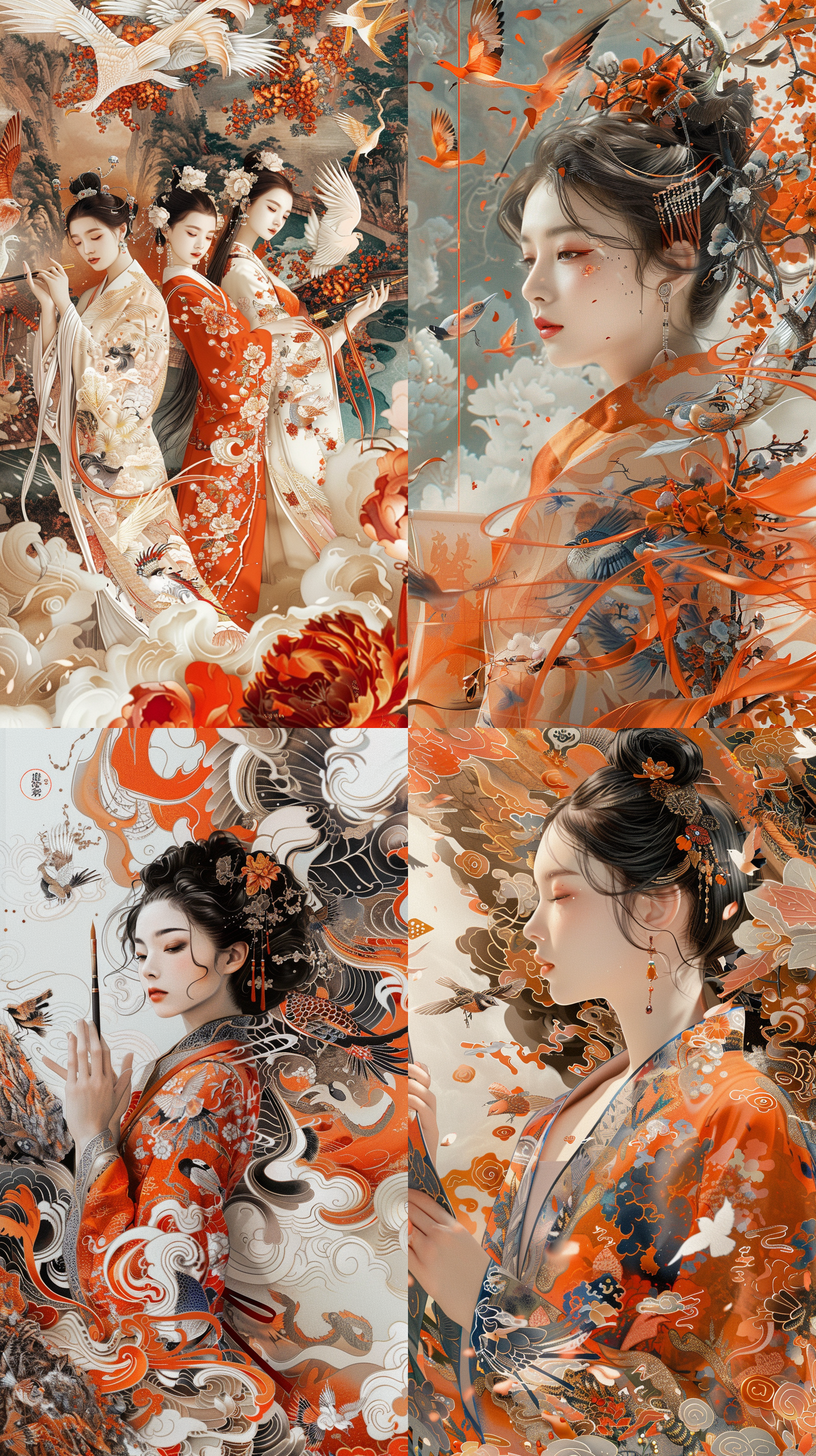 chinese women holding brush scrolls in traditional rooms, styled with surreal and dreamlike landscapes, taylor wesson, orange, bird themes, vivid pictures, detailed designs, murals, 8k