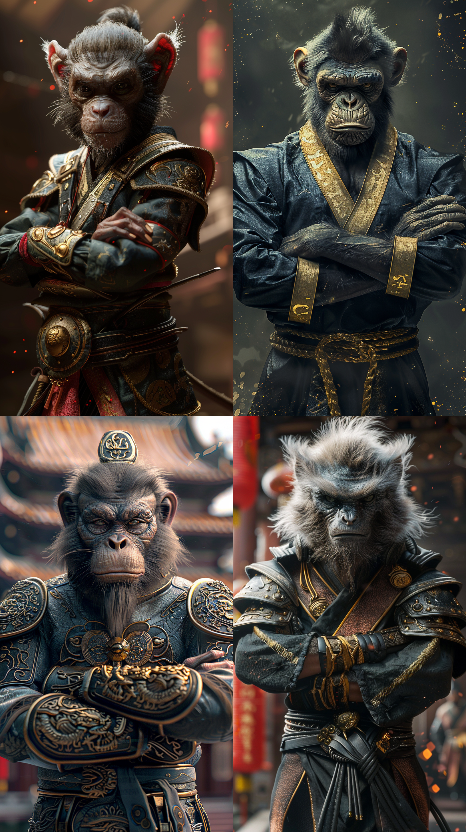 白色耳朵的猿猴，强壮凶悍，威武，双手抱胸，远景，全身显像，站立位，c4d建模，光线跟踪，虚化场景，丰富细节，超清，32k，玄幻风格，中国风，战斗姿势，高光，黑金武侠