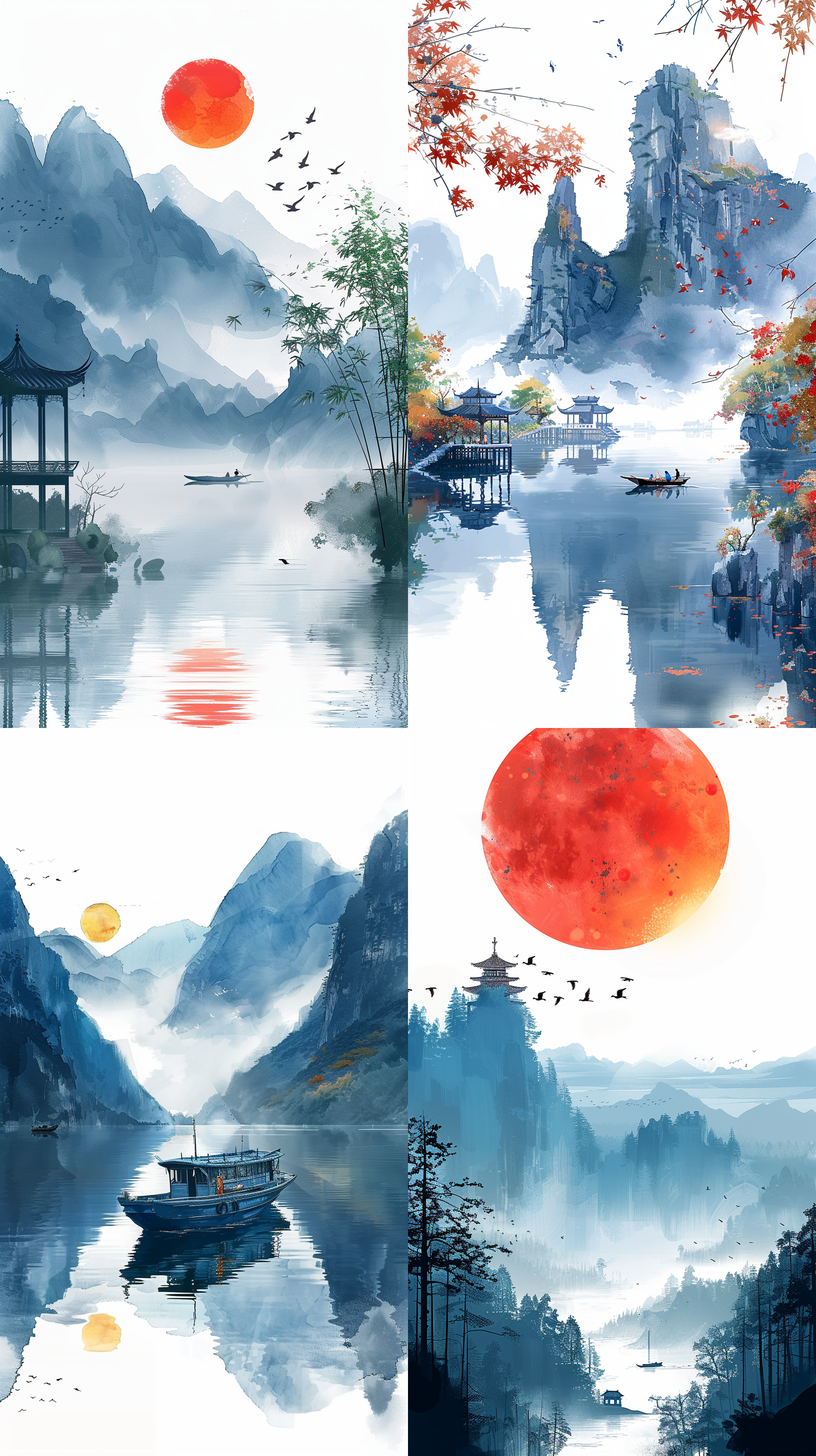 原创清明手绘海报，增加画面留白，清新，朦胧，中国风，水墨风，远处的山（青山），隐约可见的亭子，落日，飞鸟，水上孤舟，水面倒影，竹子，chiaroscuro, depth of field, vignetting, panorama, super detail, best quality, 8k