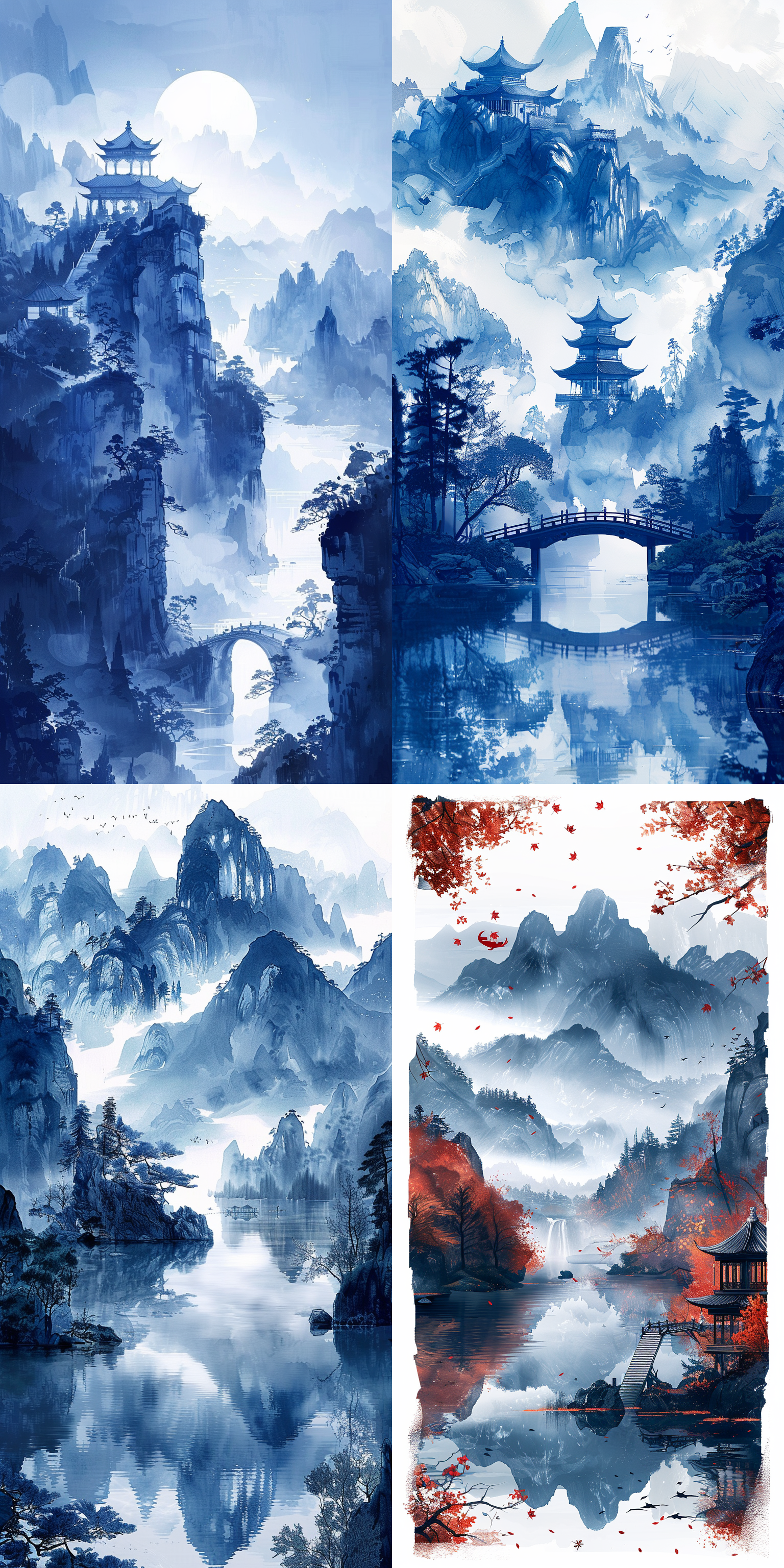 蓝白主色，极简，东方奇景，大量留白，优雅，仙境，梦幻，超清笔触，雾气弥漫，超宏伟景观，超大场景，上下构图，平面插画，海报，