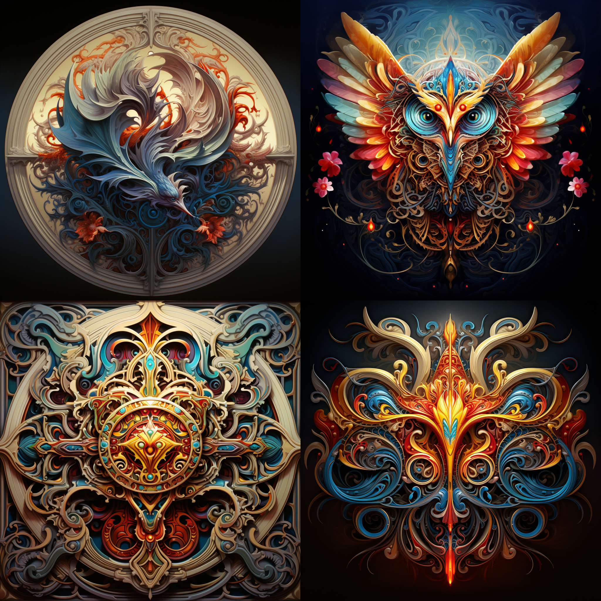 徽章设计，对称构图，明亮室内，细节丰富，微距镜头，自然光，绘画动作，多元素，鲜艳色彩，创意灵感，兴奋。