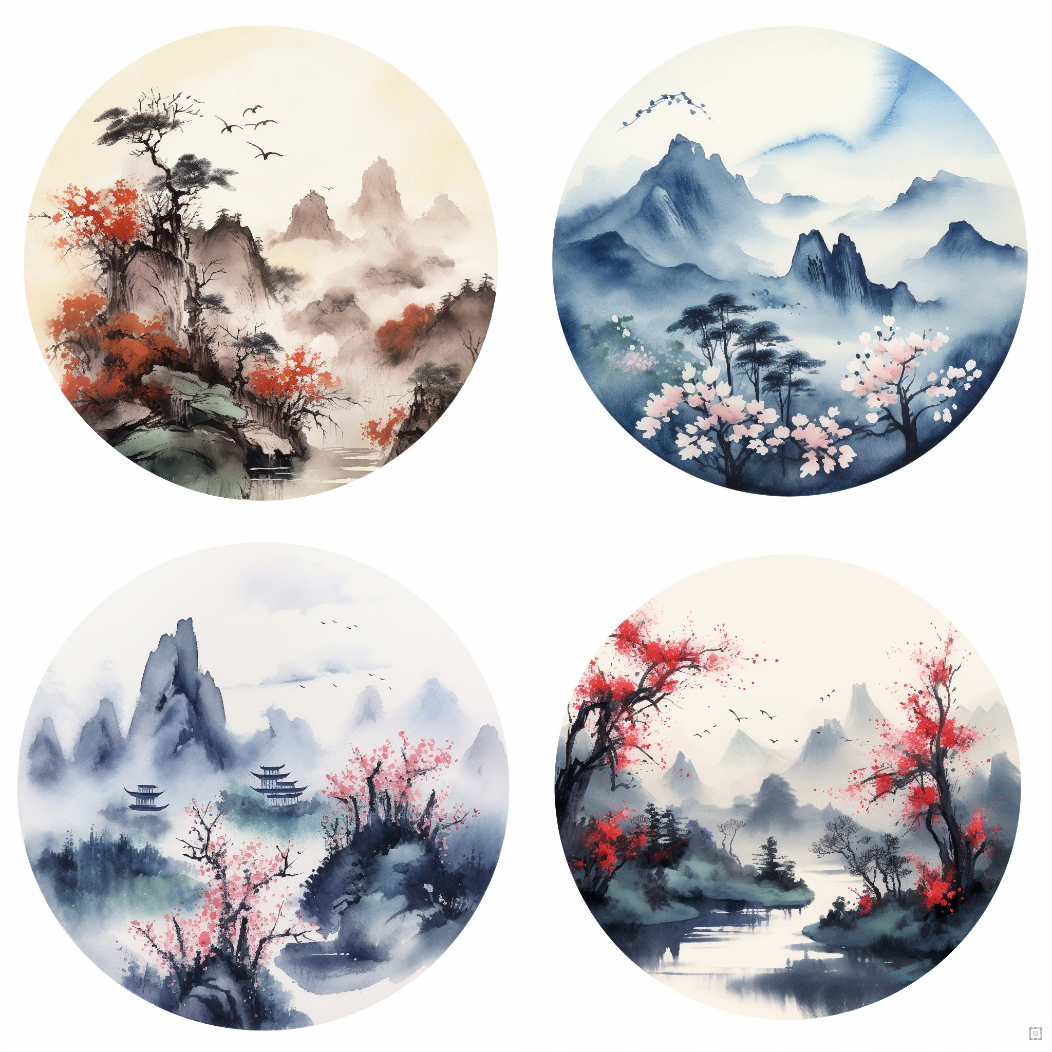 春意，江南茶山，水墨，精细化，工笔，简约，花朵纹理细节，色彩明亮饱满，自然光，渲染，8k, 艺术性，圆形构图，淡墨背景。