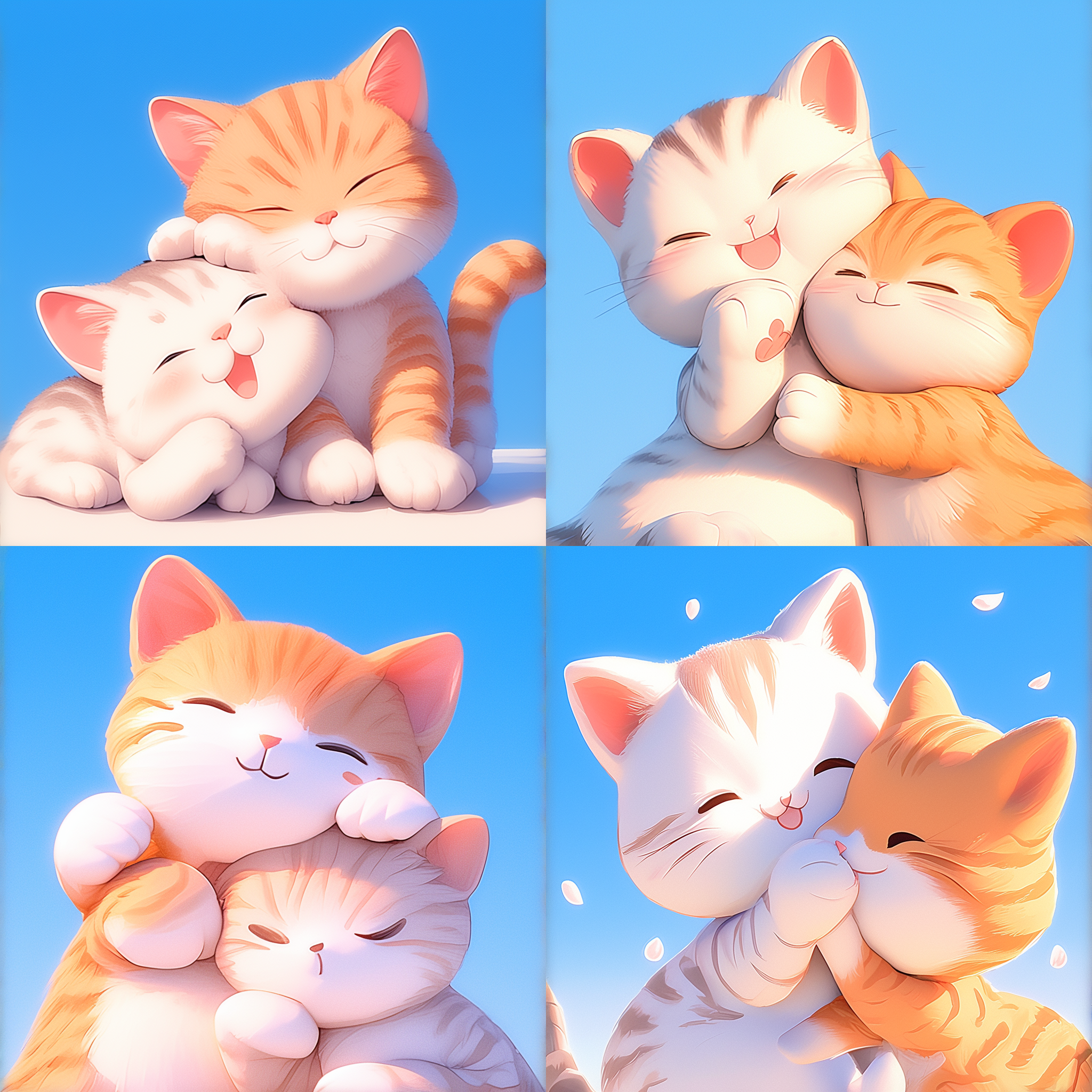 童话，拟人化，白色的金渐层猫捂住橘猫的眼睛，开心的大笑，爱心，友好，欢乐，柔和的光线洒在它身上，天蓝色纯色背景，3d皮克斯风格。hdr