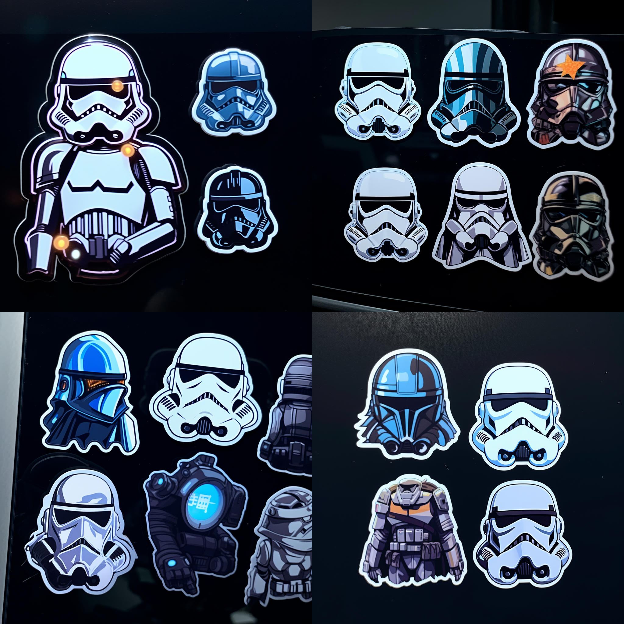 星球大战头像贴纸，角色特写，明亮的led灯光，黑色背景，蓝色和白色色调，细节丰富，原创设计，机器人主题，冷色调，表情夸张。
