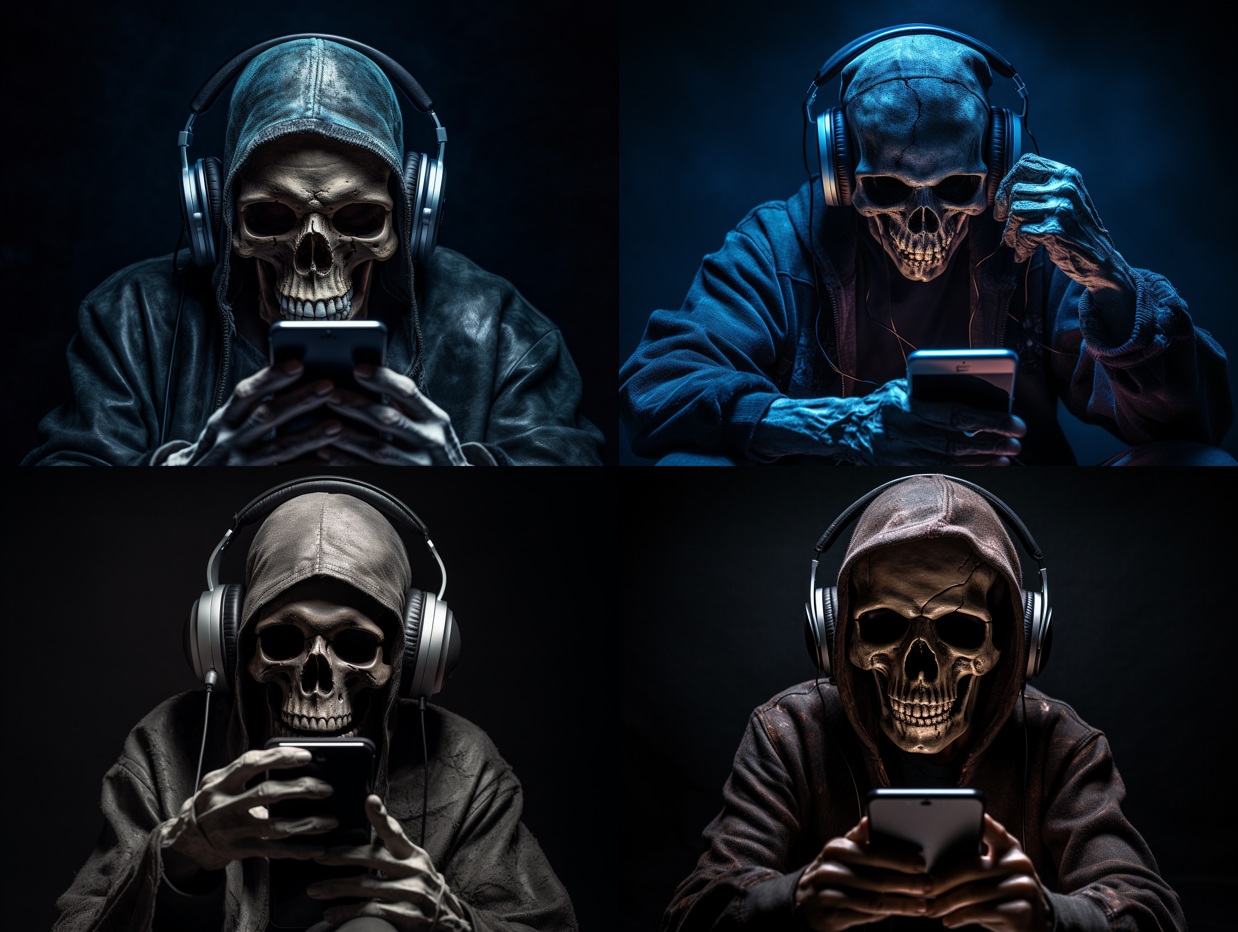 骷髅头玩手机，对称构图，黑暗背景，冷色调，微距镜头，侧逆光，静态，骷髅头戴着耳机，专注。
