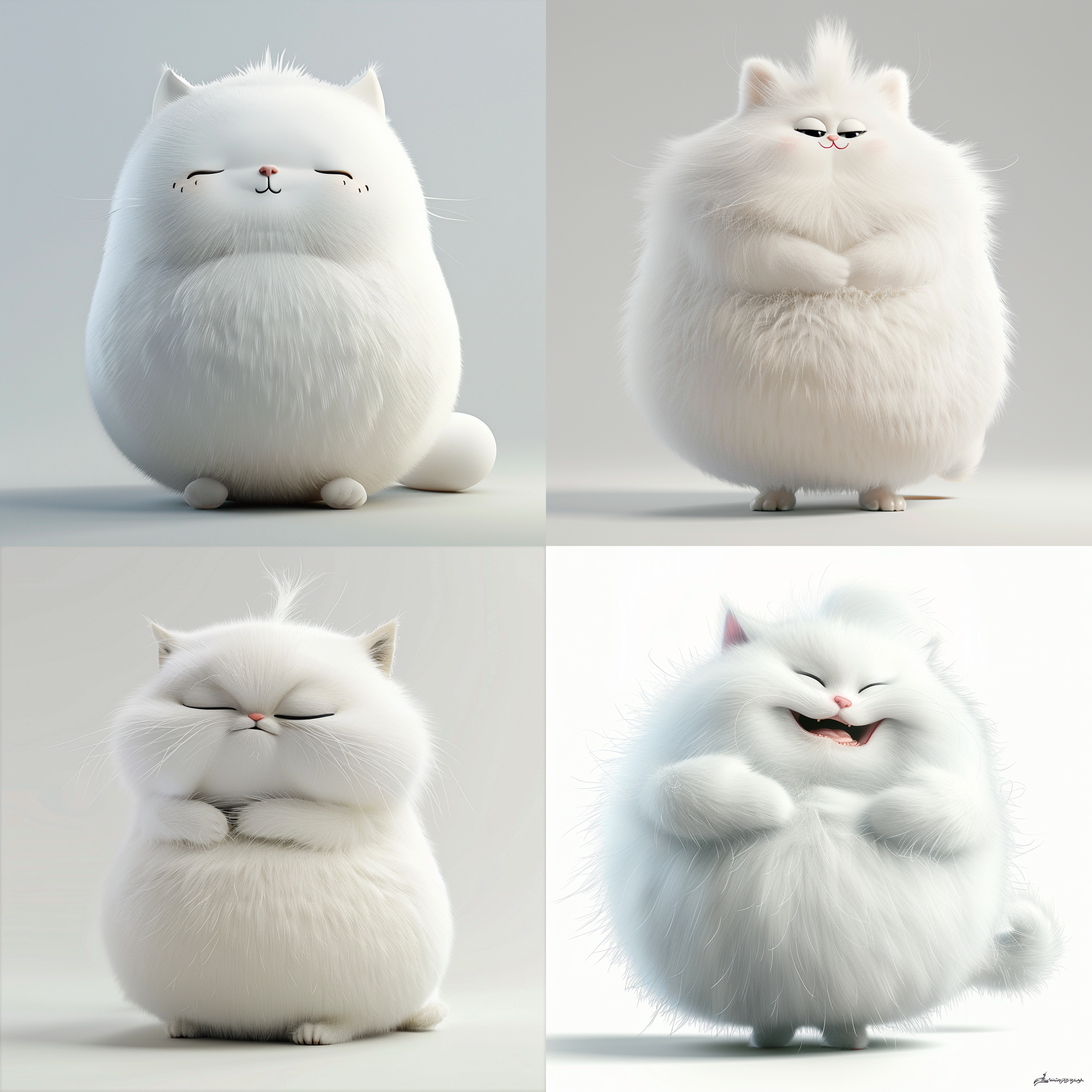 胖乎乎可爱毛茸茸的白猫，滑稽的面部表情，夸张的动作，3d人物，白色背景，有点蓬松，形状拉长，卡通风格，极简主义