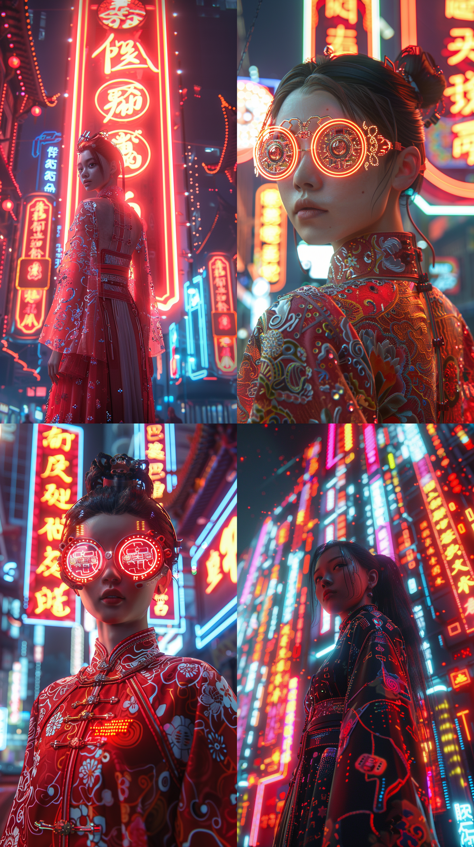 a future fashionable chinese girl,cyberpunk,chinese hanbok and future technology,future machinery,background decorated by neon holographic billboard in the city,nightclub lighting,rim light,front view,waist shot,neon shades,octane render,8k. ultra hd