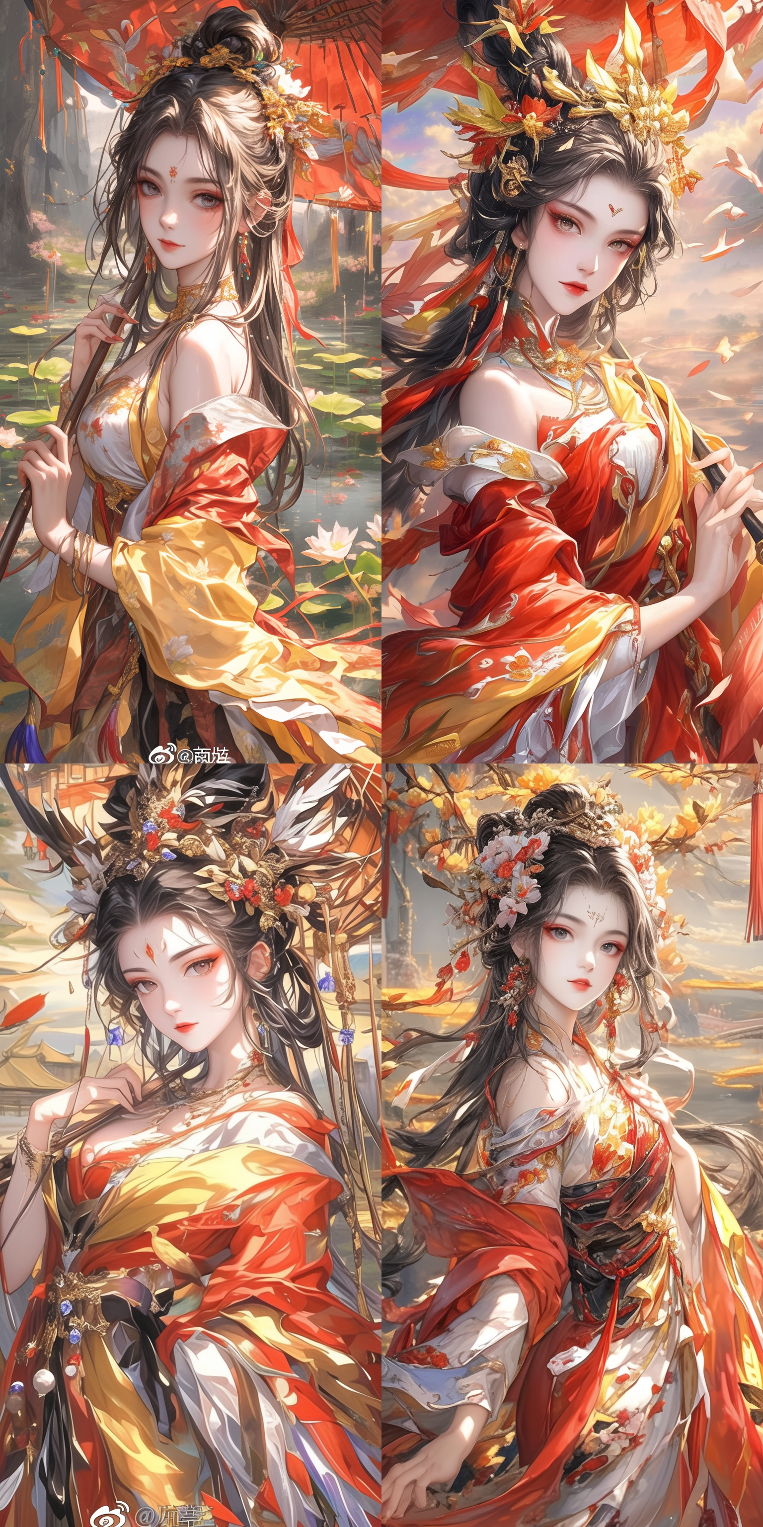 a beautiful dancer in ancient china,delicate lines,gorgeous costumes in ancient china,delicate and vivid,shy face,willow leaf eyebrows,personality depiction,coiled hair,gold leaf,flowing clouds,watercolor,crane surrounding,ink painting,gentle eyes,meticulous color scheme,exquisite clothing patterns,by gu kaizhi,zhang xuan,professional color grading,realistic style,soft shadows,clean and sharp focus,flim photography,panoramic view,32k