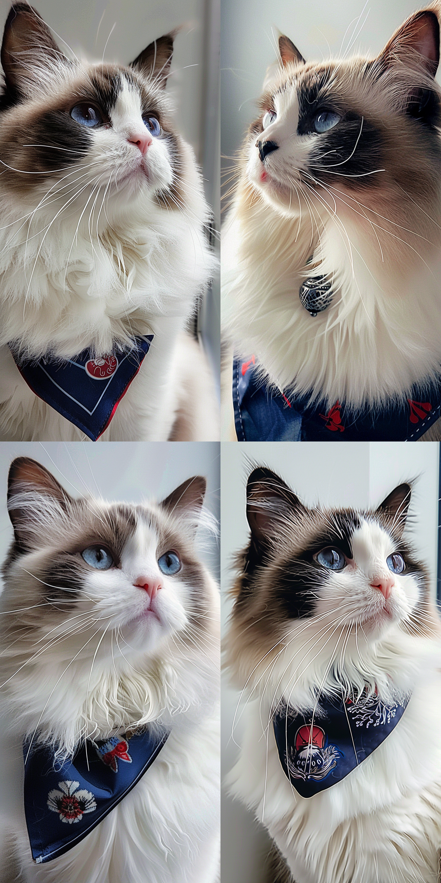 毛茸茸的布偶猫坐在一个简单背景下，眼神温柔，微笑着。柔和的光线透过窗户洒在它身上，展现出它柔软的毛发和迷人的眼神。这张照片以近距离拍摄，展示了猫咪可爱的面部特征和细致的毛发纹理。