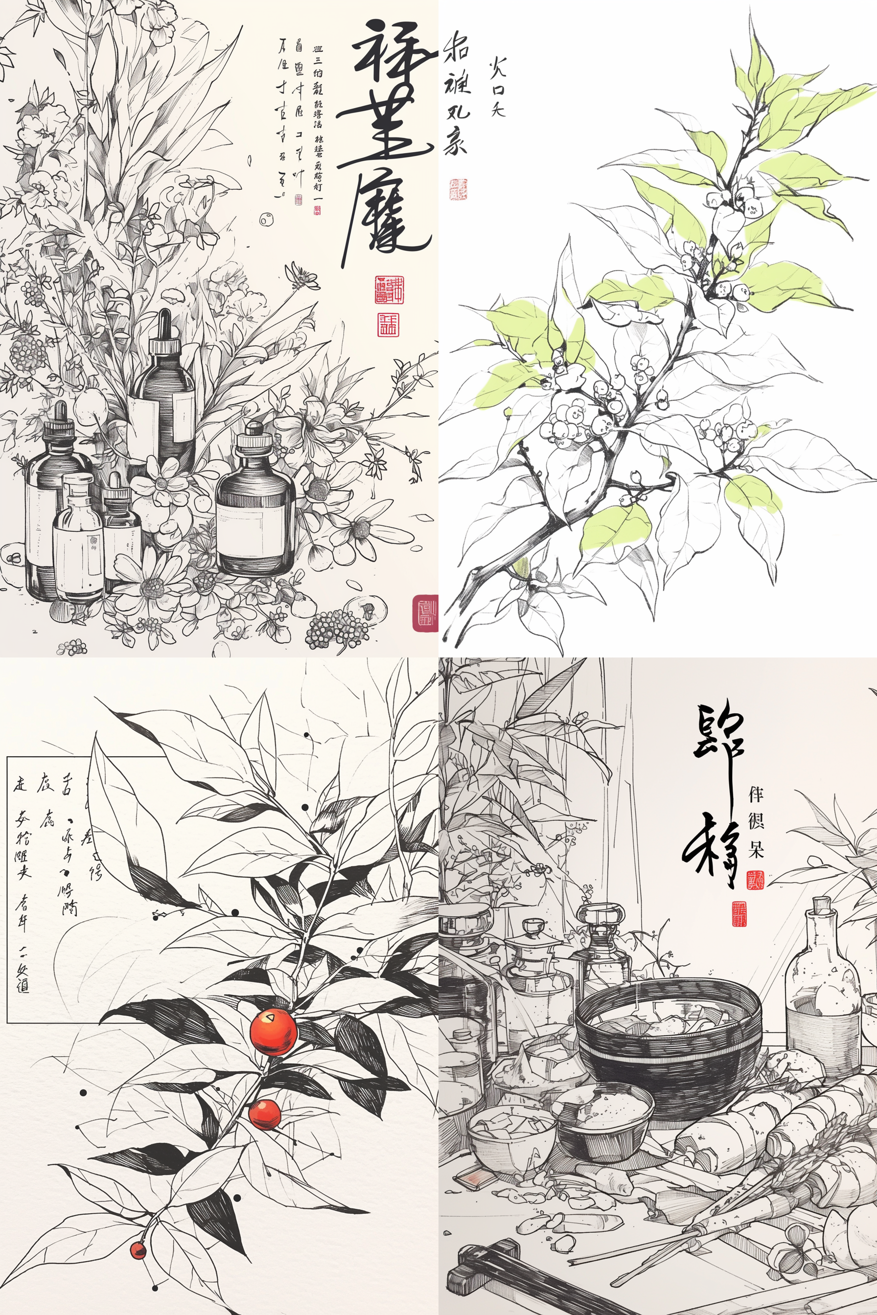 中草药，线稿，速写风格，中心构图，画面简洁，明亮色彩，素描效果，纹理丰富，自然光线，手绘感，静态。