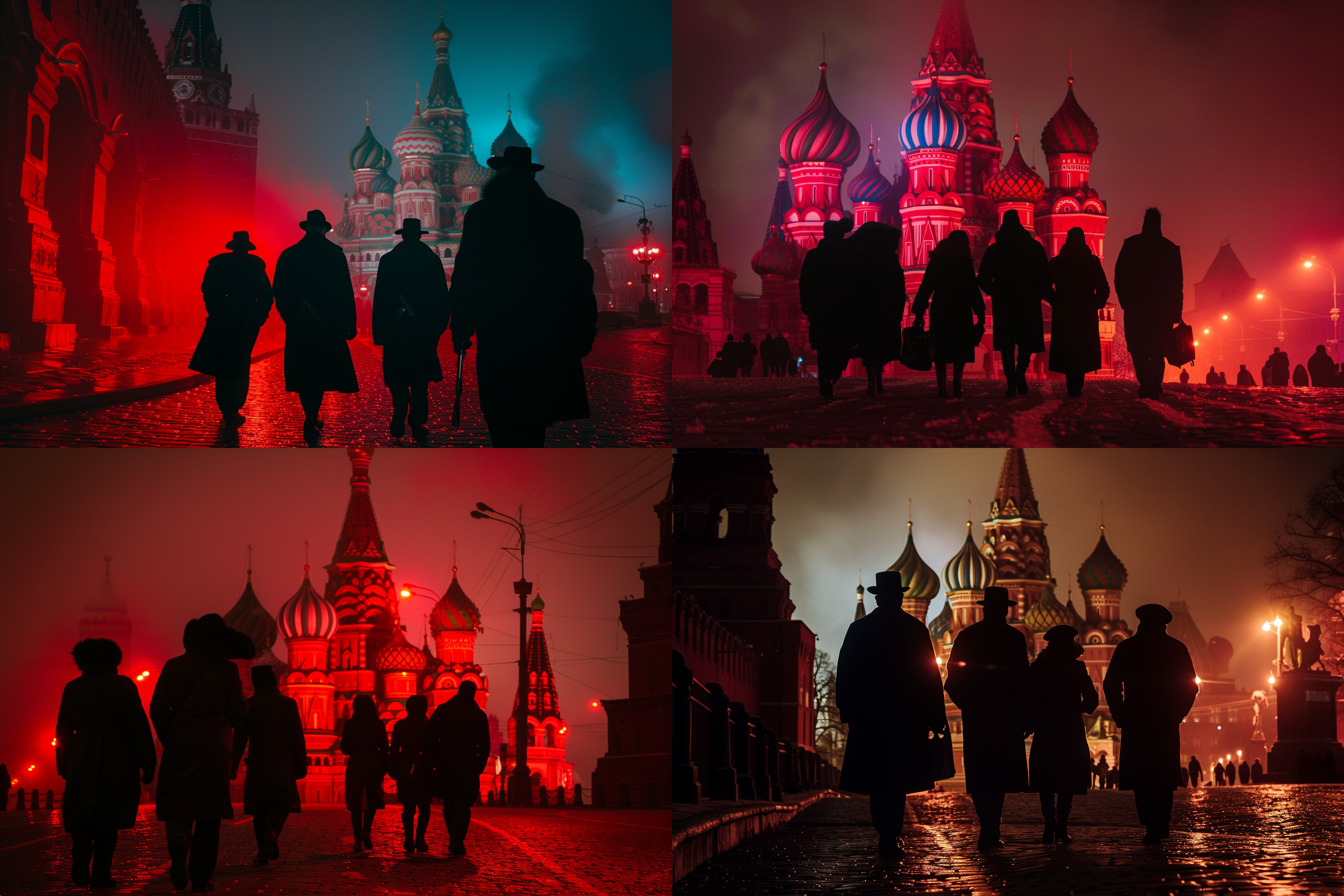 5,6个人在半夜向着莫斯科st.basil's cathedral前进，穿长风衣，带帽子，背影，光线昏暗，冷色为主，有红色灯光，间谍，冷战，电影级光效及质感，极高清晰度，对比强烈，气氛压抑，低角度，斜角透视