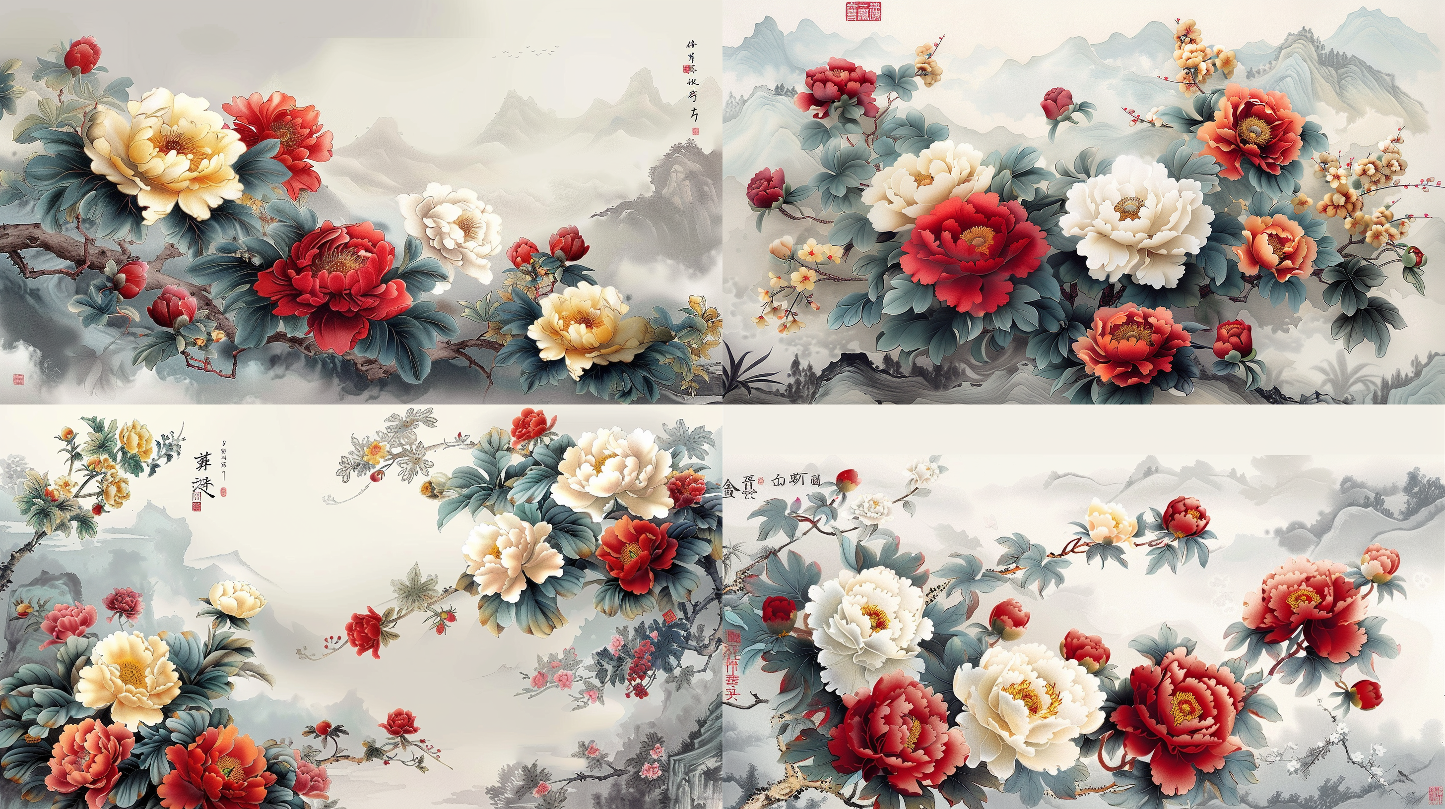 牡丹错落盛开，画面清新淡雅。工笔画牡丹图 以中国风为主题，红蕊当心一抹檀。画面有留白,七八多花，牡丹花朵大小主次分明，背景是淡淡水墨山水，超清画质和高细节展现出牡丹的美丽，雍容华贵。超清海报画质 国画