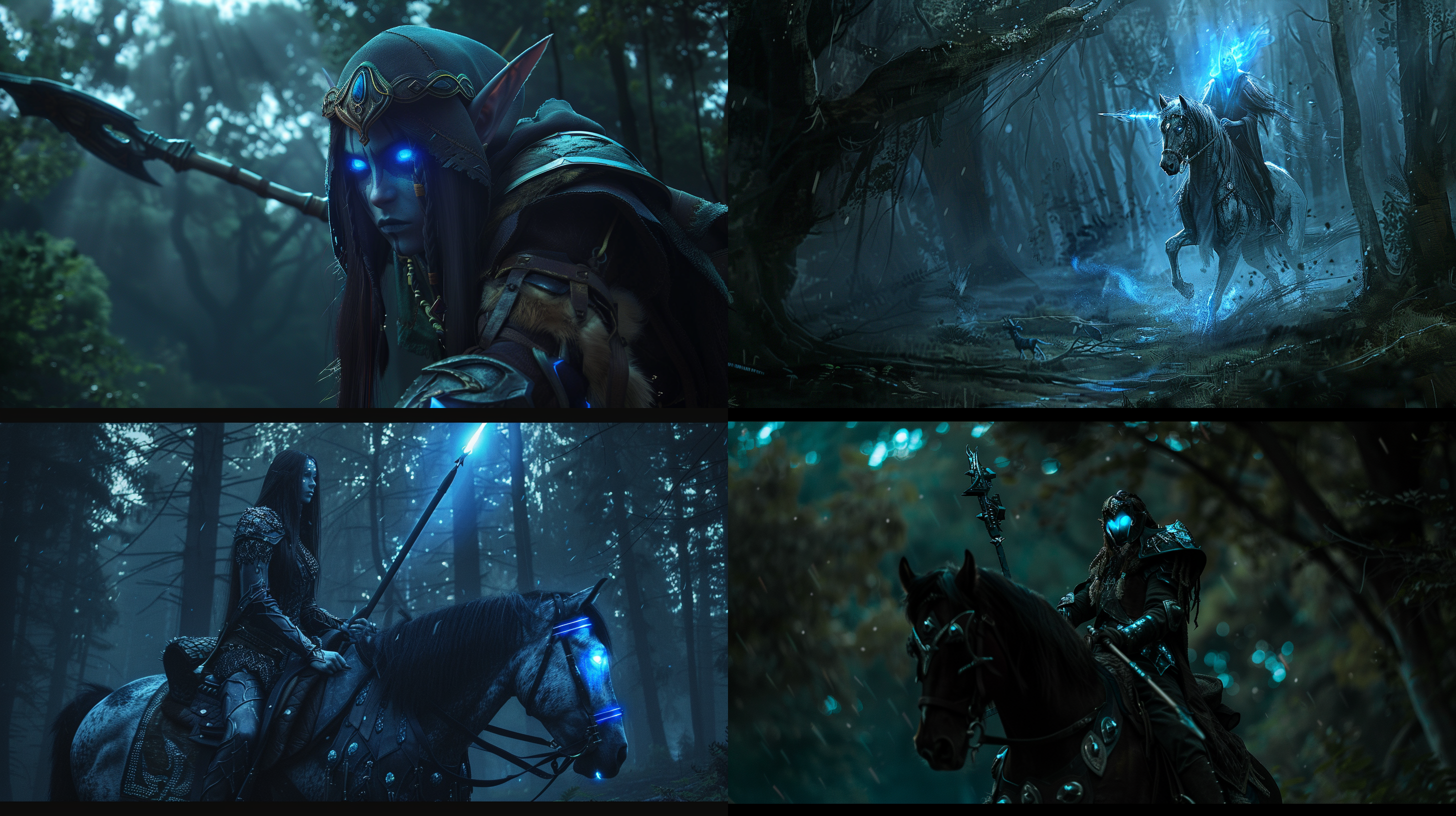 woman's head horse, world of warcraft, dark forest, spear in hand, very alert, eyes emitting blue fluorescence