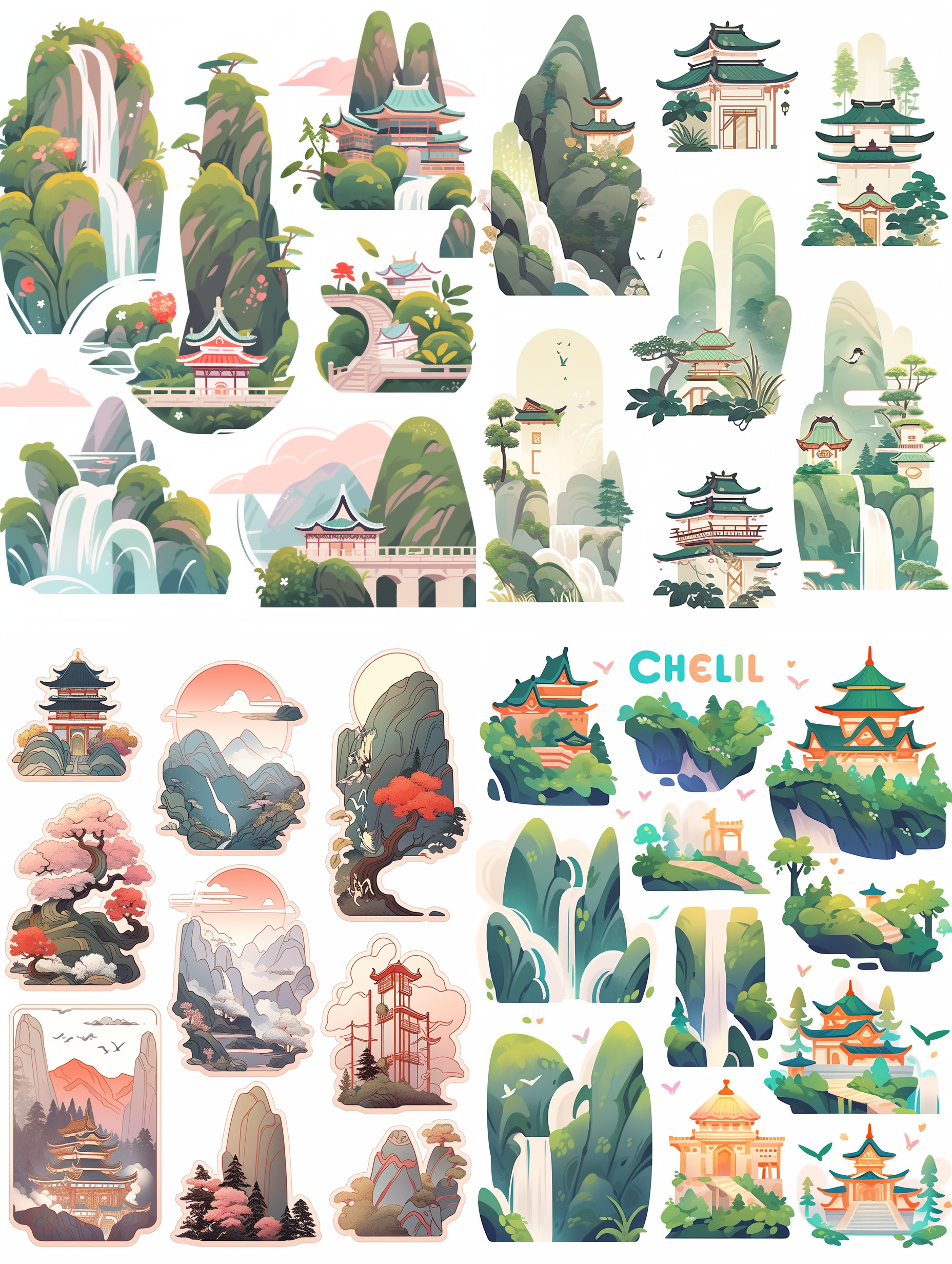 chinese ancient-style stickers, mountain temple scenery stickers, featuring green hills and flowing waters, mountain temples and pagodas, waterfalls, adorned with various flowers and plants, flying birds. creating a fresh and lively atmosphere with warm color tones, white background,flat illustrations,vector illustrations,