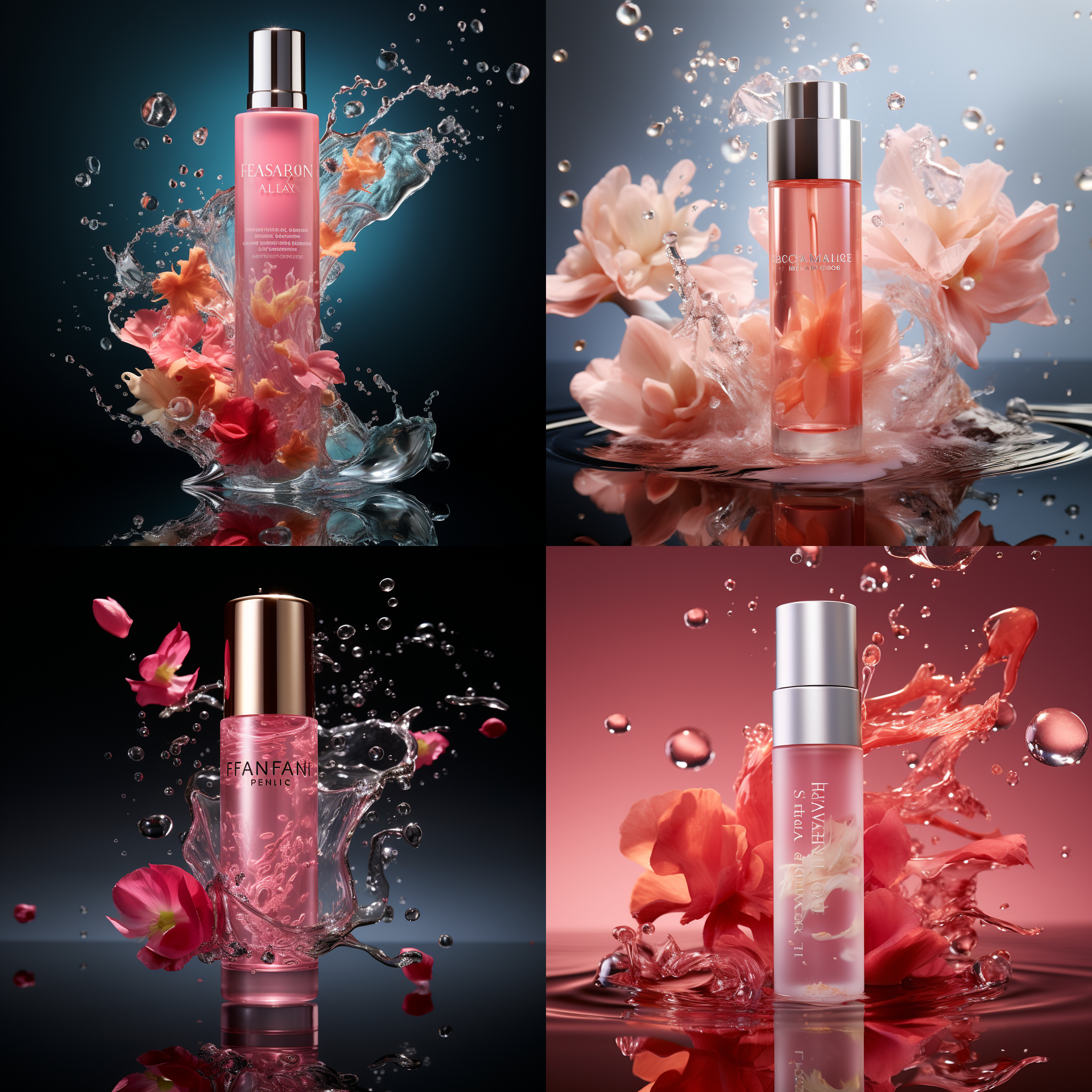 洗面奶产品展现，水中沉浸，花瓣飞舞，明亮光线，细节清晰，柔光效果，温暖色调，静态构图，美丽。