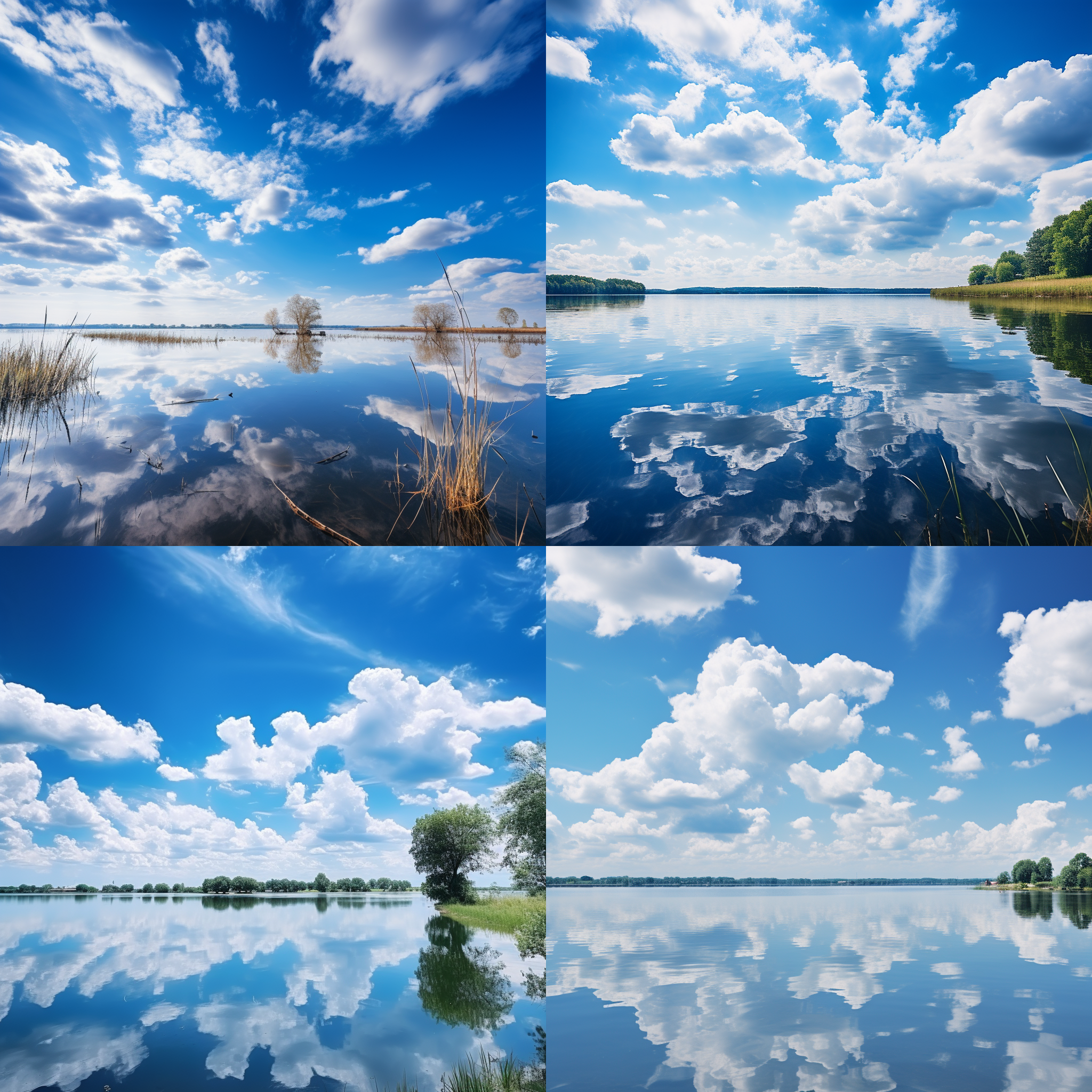 时光流逝，湖边静谧，蓝天白云，倒影清晰，远景近景并存，和谐色调，平行构图，风光摄影，广角镜头，自然光，静止，宁静安详。