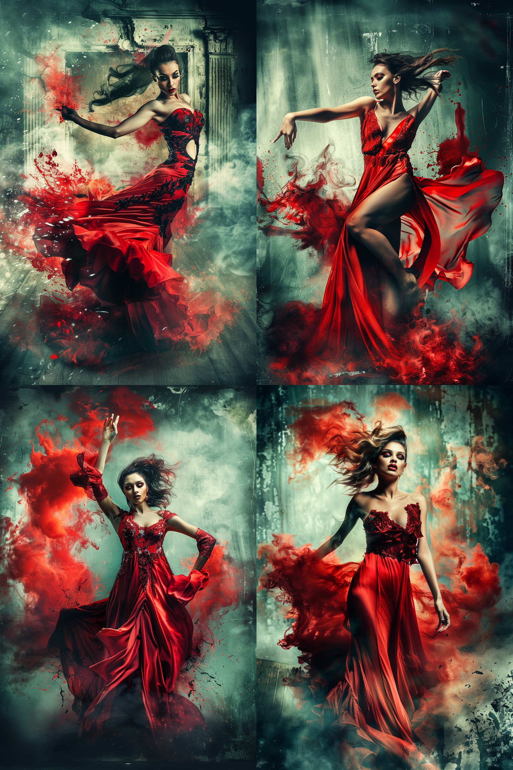 绝美东方古风舞者，美丽女子，身着红裙，在舞台中央跳舞，全景，耀眼夺目，4k 画质，皮肤纹理清晰，质感增强。