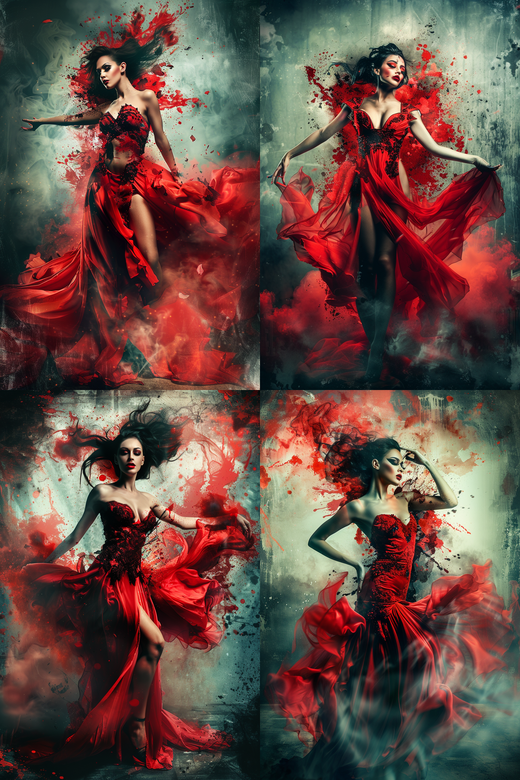 绝美东方古风舞者，美丽女子，身着红裙，在舞台中央跳舞，全景，耀眼夺目，4k 画质，皮肤纹理清晰，质感增强。