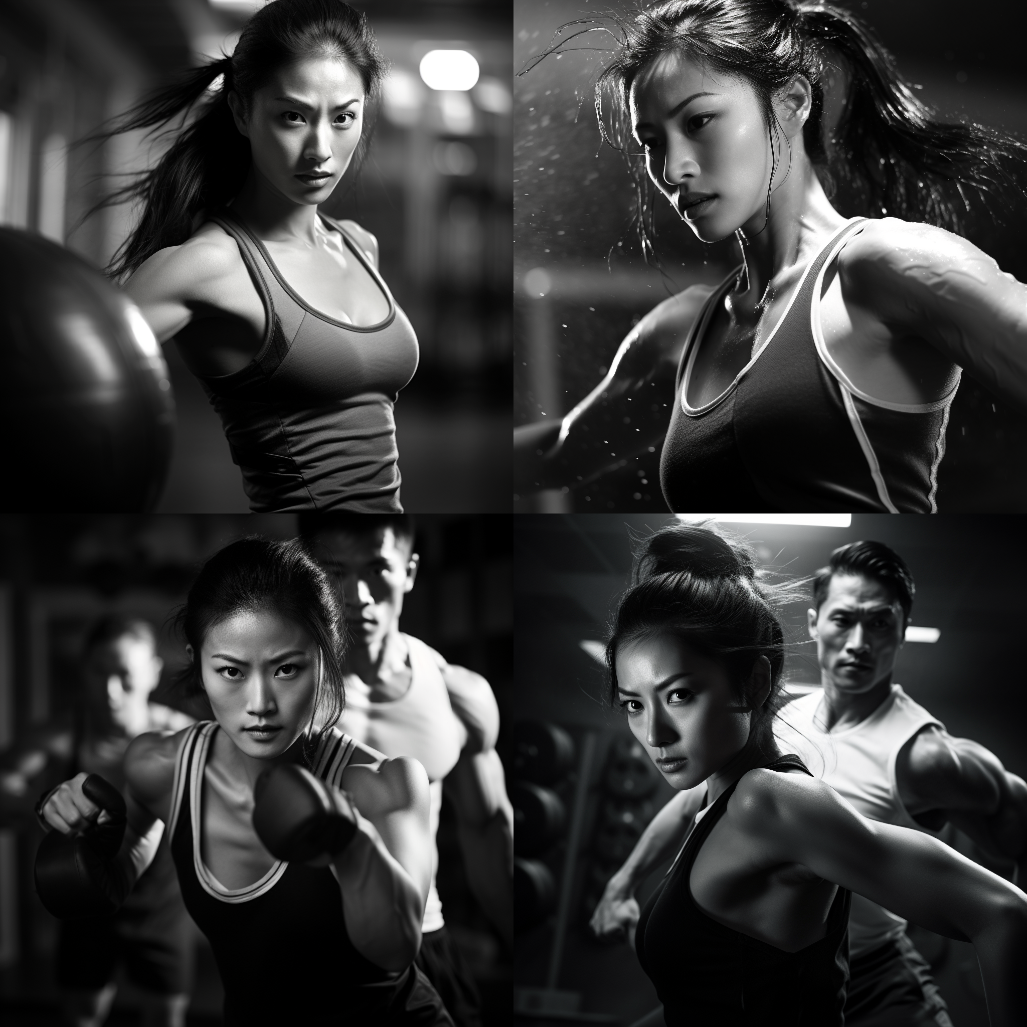 亚洲小姐姐和健身教练，健身房内，私教一对一，力量塑形课程，专注表情，动作流畅，逆光拍摄，中焦镜头，高强度训练，汗水飞溅，灰色调，挑战，自信。