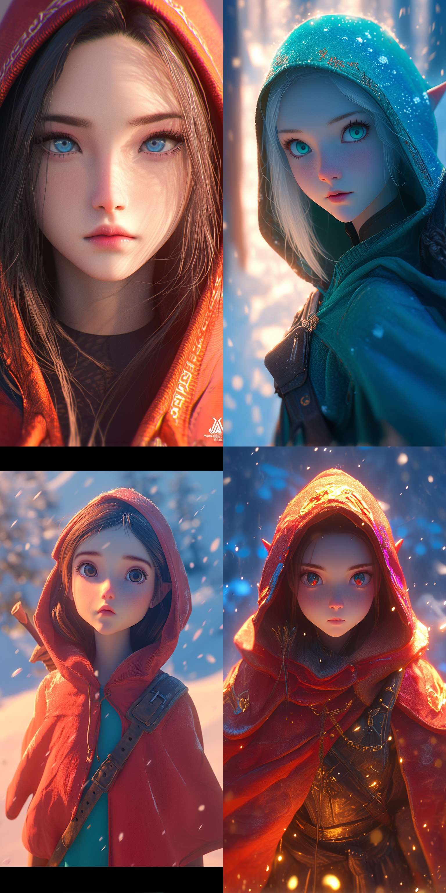 女孩在神话精灵世界中，穿着帽衫，大眼睛，冰雪世界，4k，hdr，明亮红色主题，杰作，高质量，环境光，柔焦镜头，温暖色调，神秘感，梦幻色彩，3d渲染。 女孩，帽衫，大眼睛，冰雪世界，4k，hdr，明亮红色主题，杰作，高质量，环境光，柔焦镜头，温暖色调，神秘感，梦幻色彩，3d渲染。