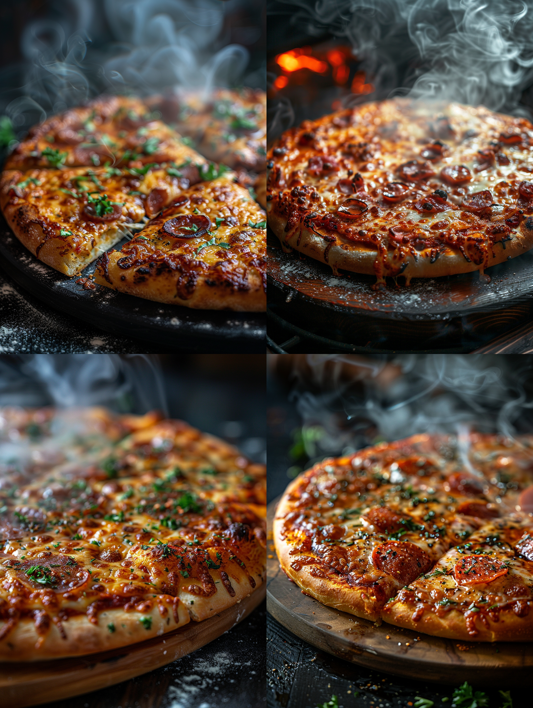 pizza, rich details, product shots, close-ups, cinematic light effects, clean high reflective black background, smoke, real photography, photography, best quality, best image quality, uhd,