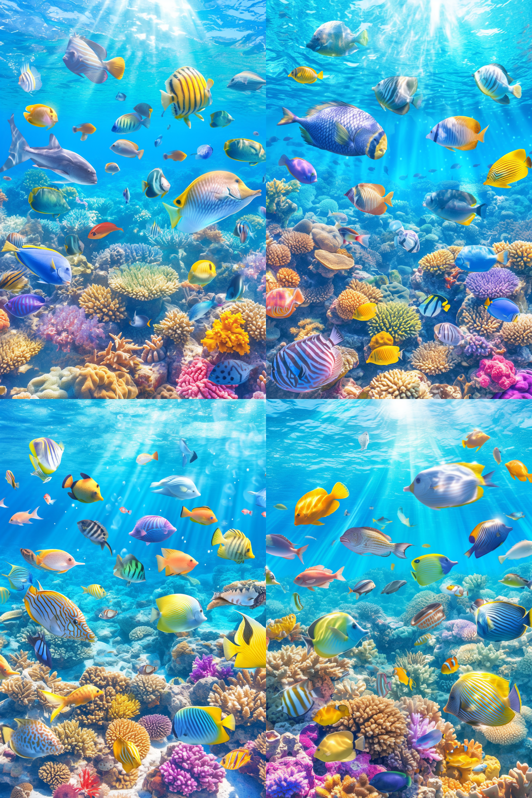 海底探险家，穿潜水服，面对巨大珊瑚礁，色彩缤纷的珊瑚和鱼群环绕，透明水面上方阳光洒下，清晰可见水下世界。水下摄影，广角镜头，自然光，细节丰富，蓝色调，惊奇。