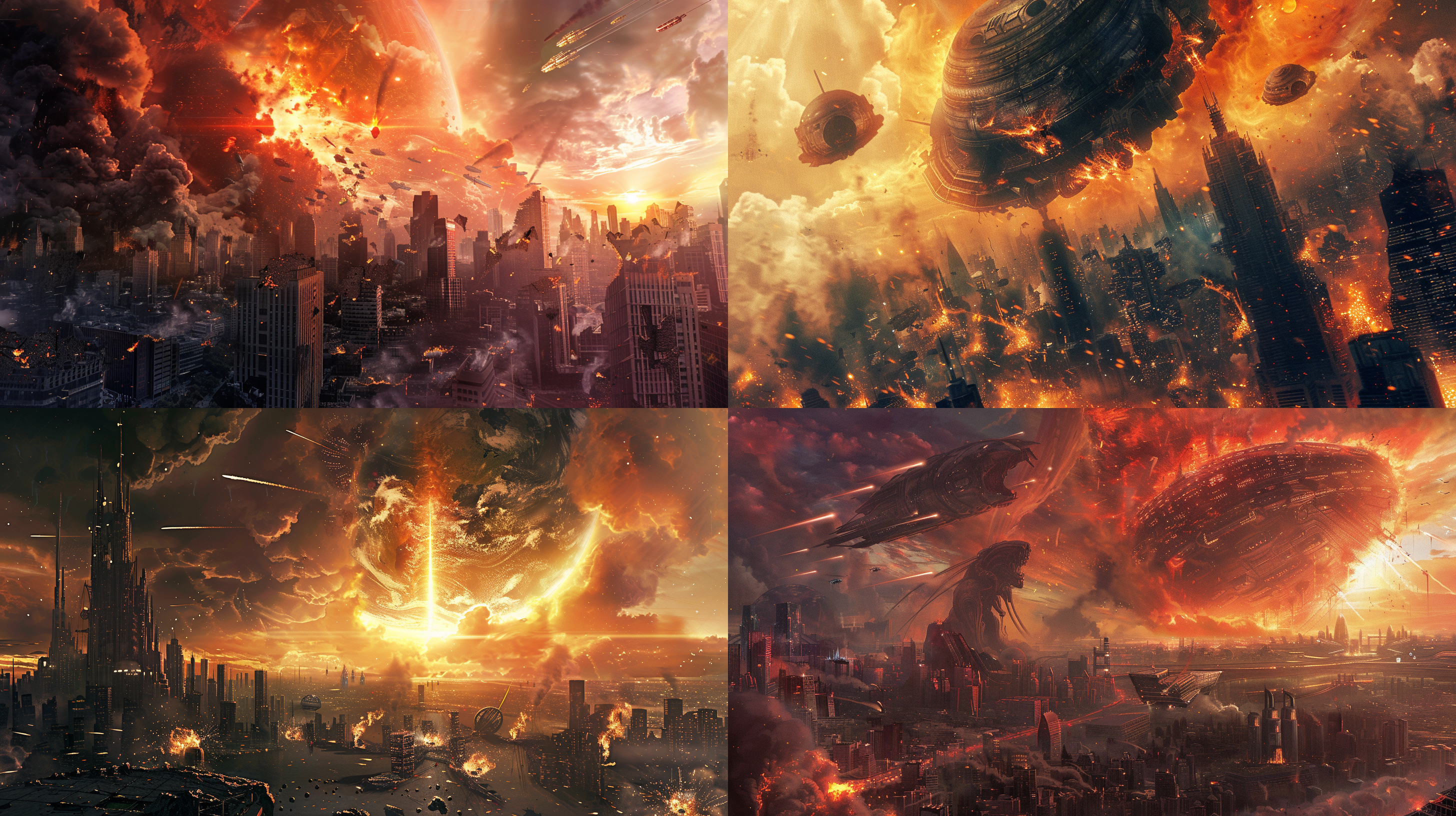 earth was attacked by aliens, buildings collapsed, the scene is grand, sci-fi color, 32k, human giants are fighting with aliens, the sky is a star battleship is about to crash
