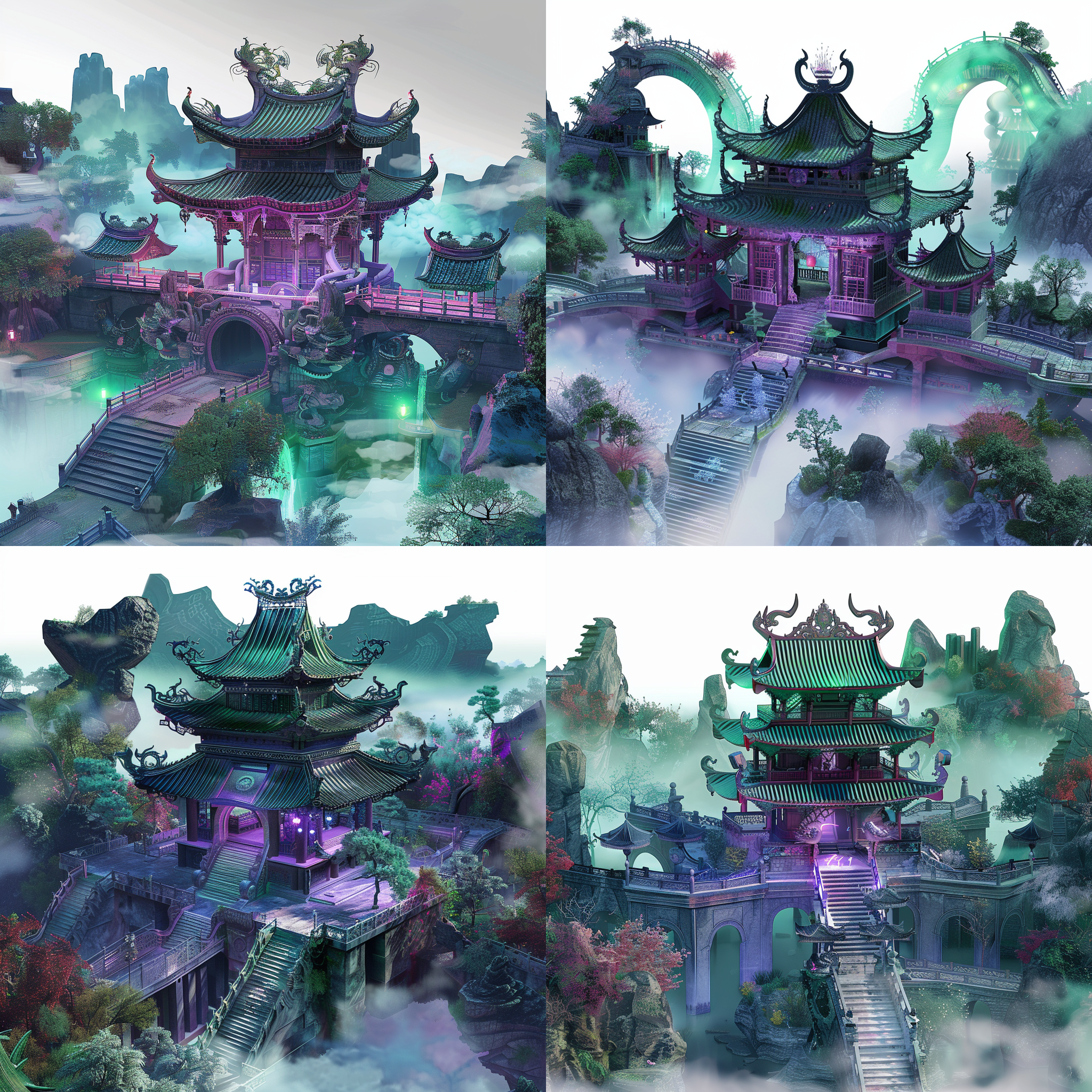 东亚建筑风格，45度俯视，无人，树木，室外，烟雾，塔楼，桥梁，云彩，中国风塔楼，3d渲染，blender软件制作，模型原创，天空，望楼。