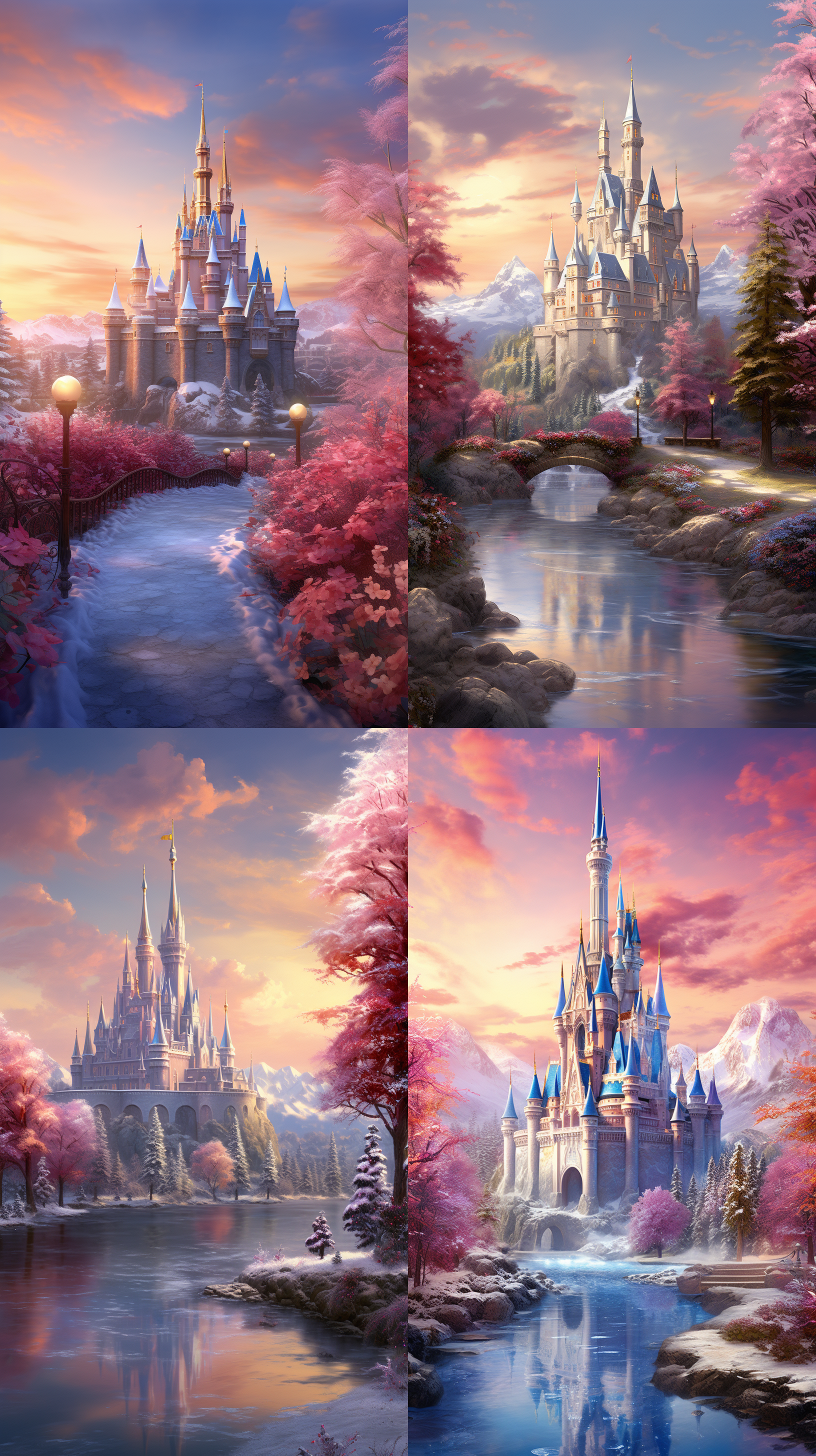 一幅美丽的画，冬天，晨光，远处的湖，大城堡，粉红色的云，红色的玫瑰花园，阳光，童话，灯光效果，幻想，托马斯·金凯德，虚幻引擎，超写实风格，4k，超广角，艺术站，梦幻，浪漫