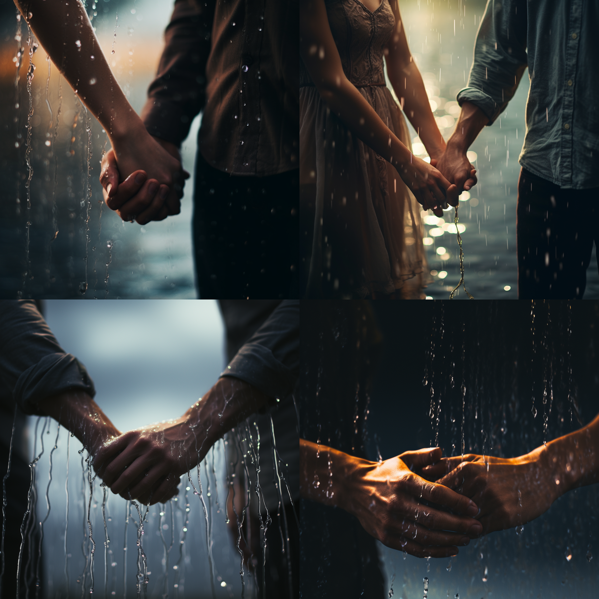 男女手牵手，玻璃上水珠，超现实主义，35mm镜头，细节清晰，模糊朦胧，玻璃上流动，暗调，柔和光线，抽象情感。