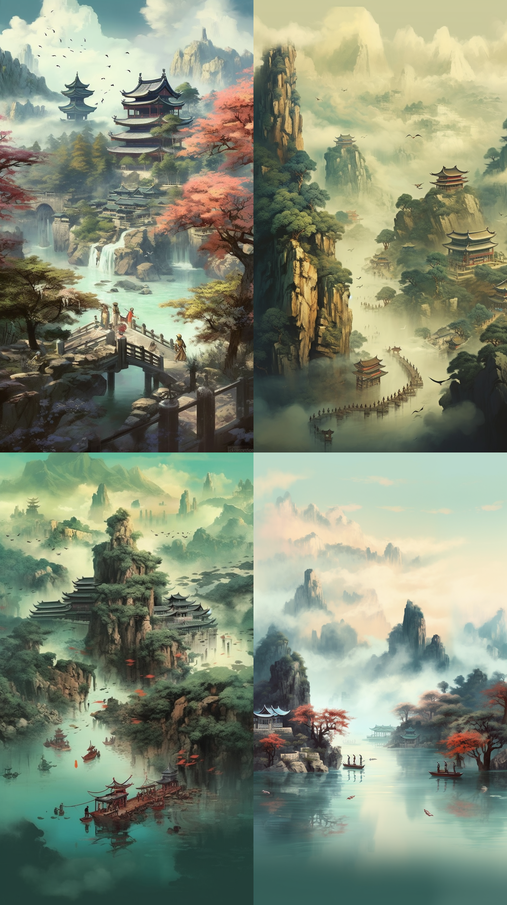 c4d立体清明节国风古典山水画轴，虚拟现实场景，细腻质感，唐代服饰，端庄神态，绘画般色彩，逼真光影，传统文化元素，祥和情感。