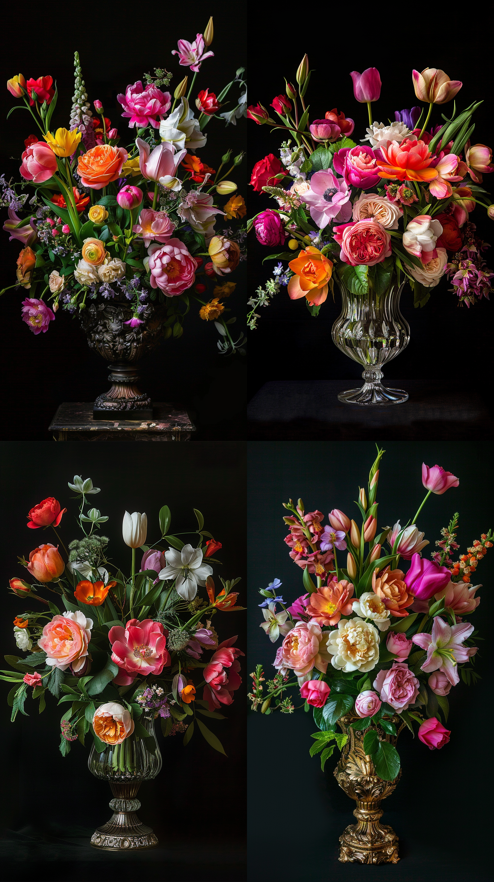 高脚酒杯形状的花篮，玫瑰花，牡丹花，郁金香，百合花，花篮中心构图，明亮环境，微距镜头，自然光，鲜艳色彩，细致纹理，黑色背景，轮廓光，优雅情感。