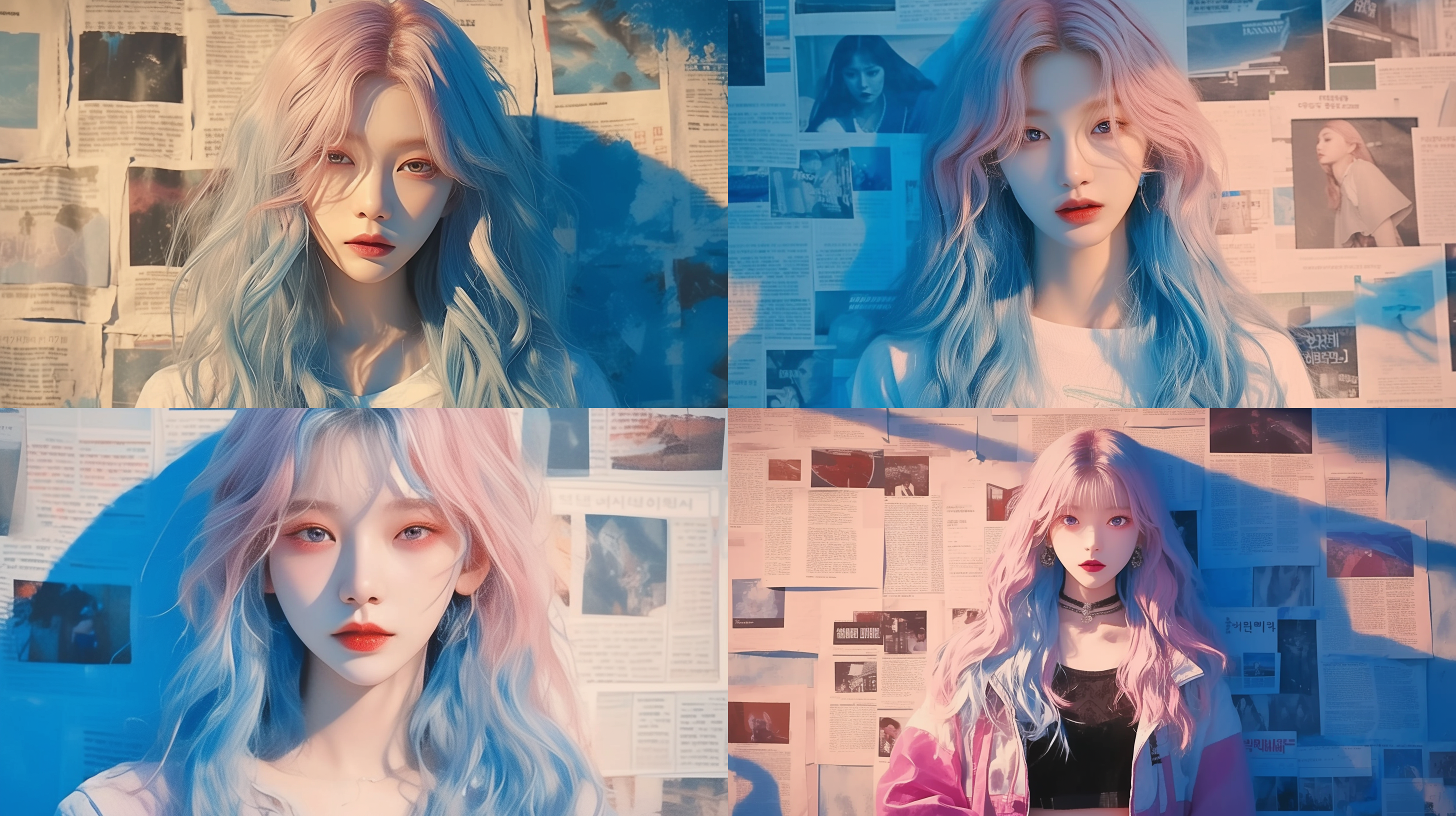 韩国美女，靠墙正面照，淡粉色淡蓝色头发，墙上贴着全是文字的报纸，超清晰的照片