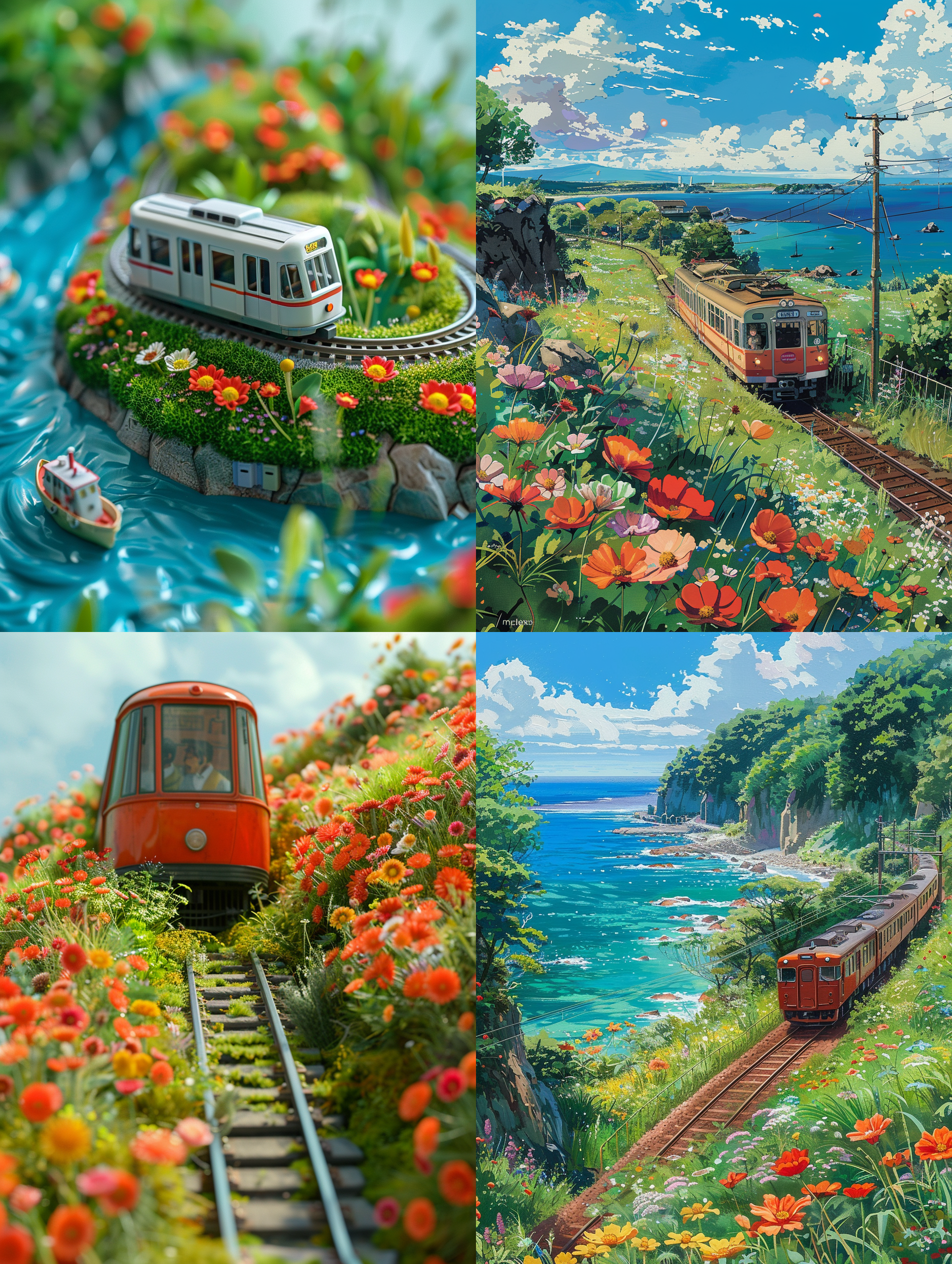 cartoon metro on the tracks, surrounded by flowers, on top green grass, dreamlike visuals, soft sculptures, bright colors, bold shapes, coastal landscapes, capturing moments, hayao miyazaki style
