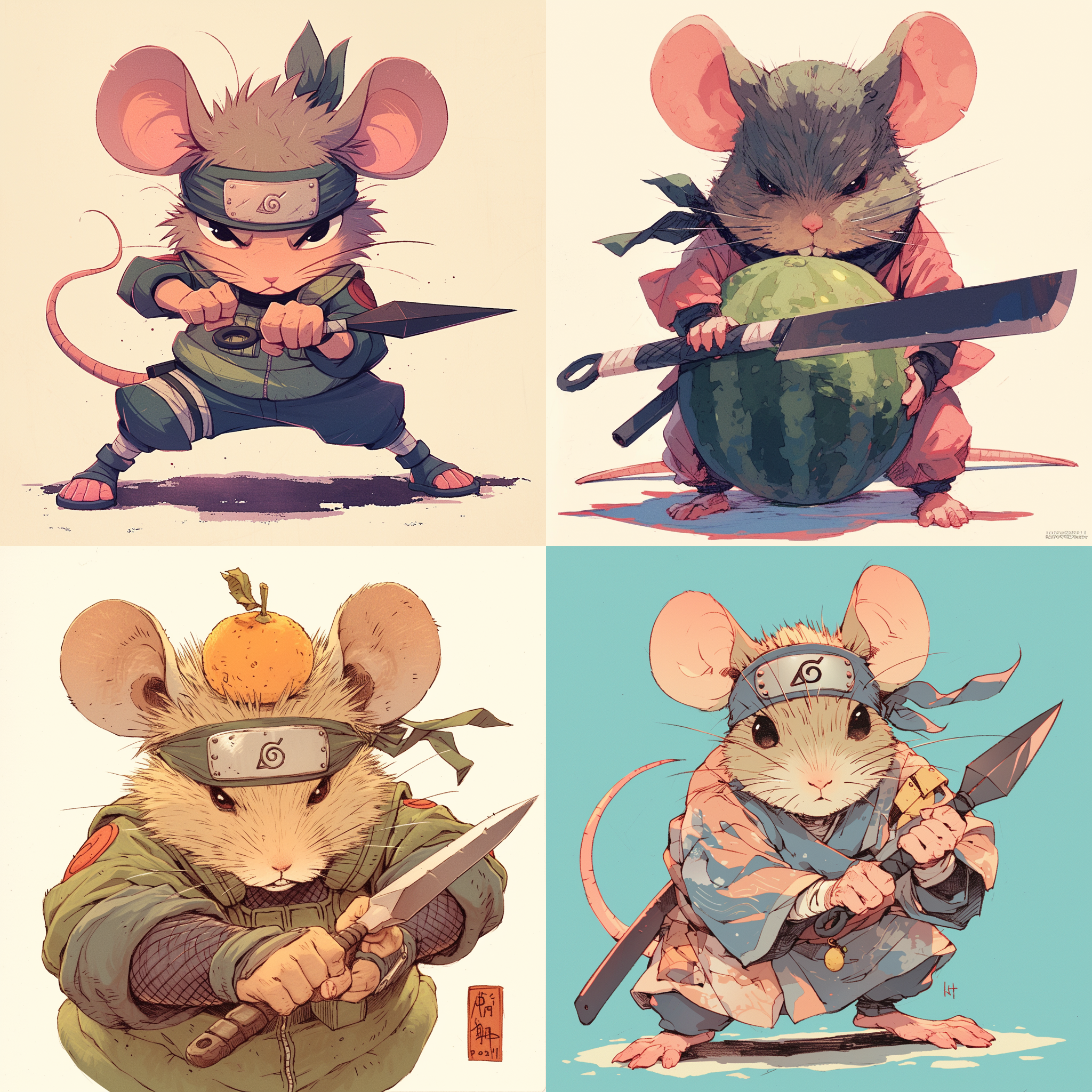 a mouse proficient in ninjutsu, holding a fruit knife and wearing a konoha headband, inspired by the style of masashi kishimoto from naruto, set in a hidden leaf village, focused on the mouse's intense gaze, created with digital drawing tools, styled with intricate linework and detailed shading reminiscent of masashi kishimoto's art, color palette featuring earthy tones