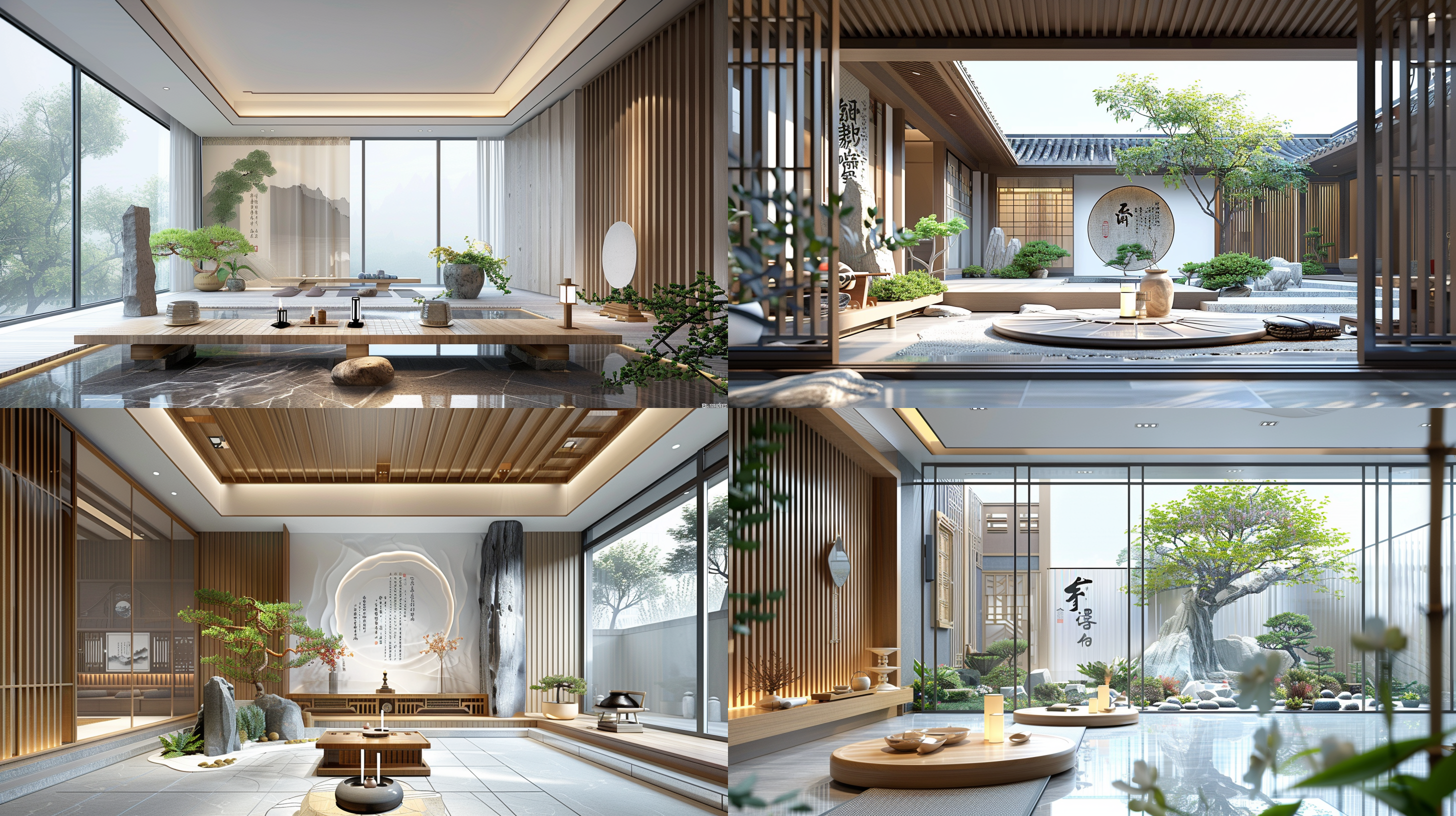 禅意风格室内效果图，简约设计，木质家具，榻榻米，瑜伽垫，烛台，绿色植物，和谐色调，柔和光线，静坐冥想，放松，宁静。