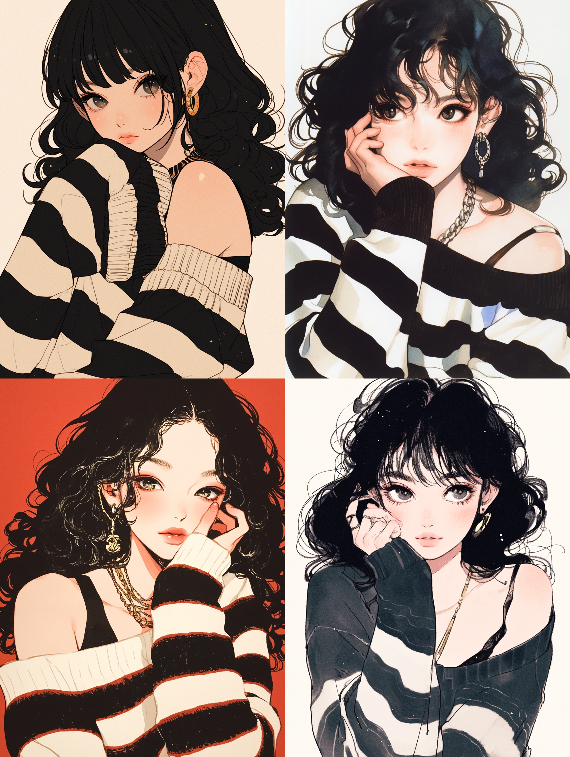 少女一只手撑着脸，黑白条纹毛衣，日系风格，复古渲染，细节丰富，表情丰富，香奈儿项链，一字肩上衣，黑色闪光头发，长发，大波浪卷发，鲜艳色彩，竹内圭雄，克玉干治，复古旧漫画风格 宫崎骏 声之形 广重 穆查 莫比乌斯