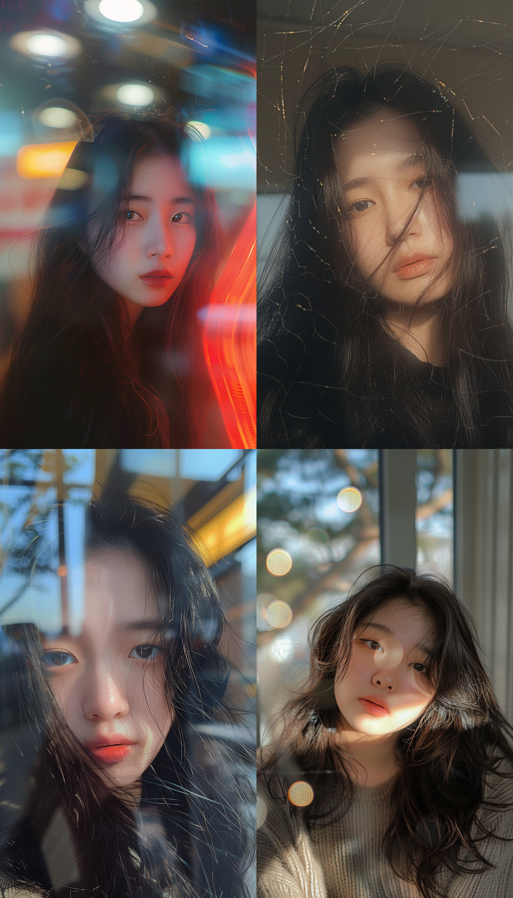 direct flash photography photo taken on an iphone of a korean girl ,blurred edges, low quality