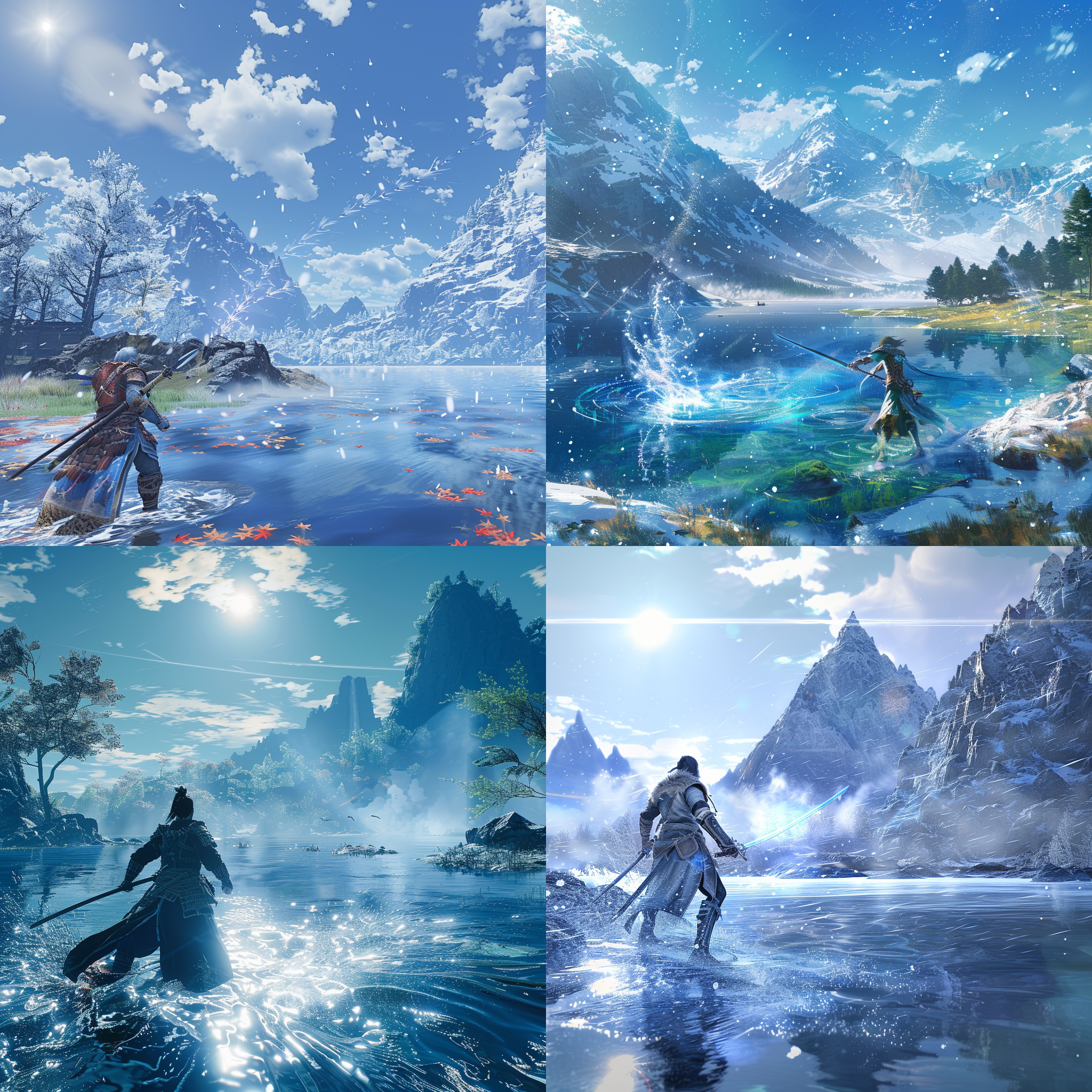 玩家在湖泊边战斗，阳光照耀下的景色壮丽，玩家身着战斗装备，面带坚毅表情。大光圈，高动态范围，远处山脉，鱼眼镜头，水波倒影，剑光，战斗动作，蓝色调，激情四溢。