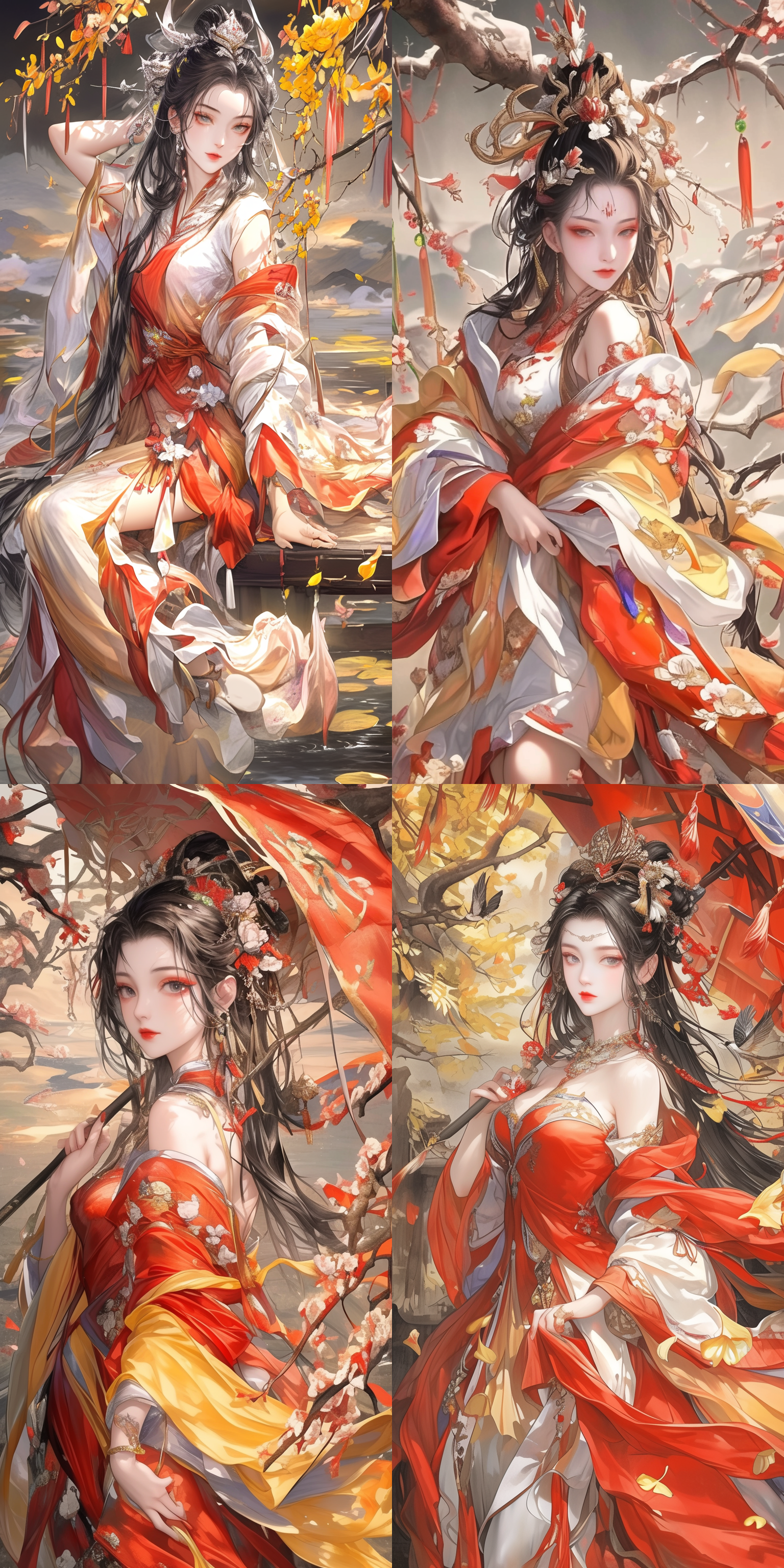 a beautiful dancer in ancient china,delicate lines,gorgeous costumes in ancient china,delicate and vivid,shy face,willow leaf eyebrows,personality depiction,coiled hair,gold leaf,flowing clouds,watercolor,crane surrounding,ink painting,gentle eyes,meticulous color scheme,exquisite clothing patterns,by gu kaizhi,zhang xuan,professional color grading,realistic style,soft shadows,clean and sharp focus,flim photography,panoramic view,32k