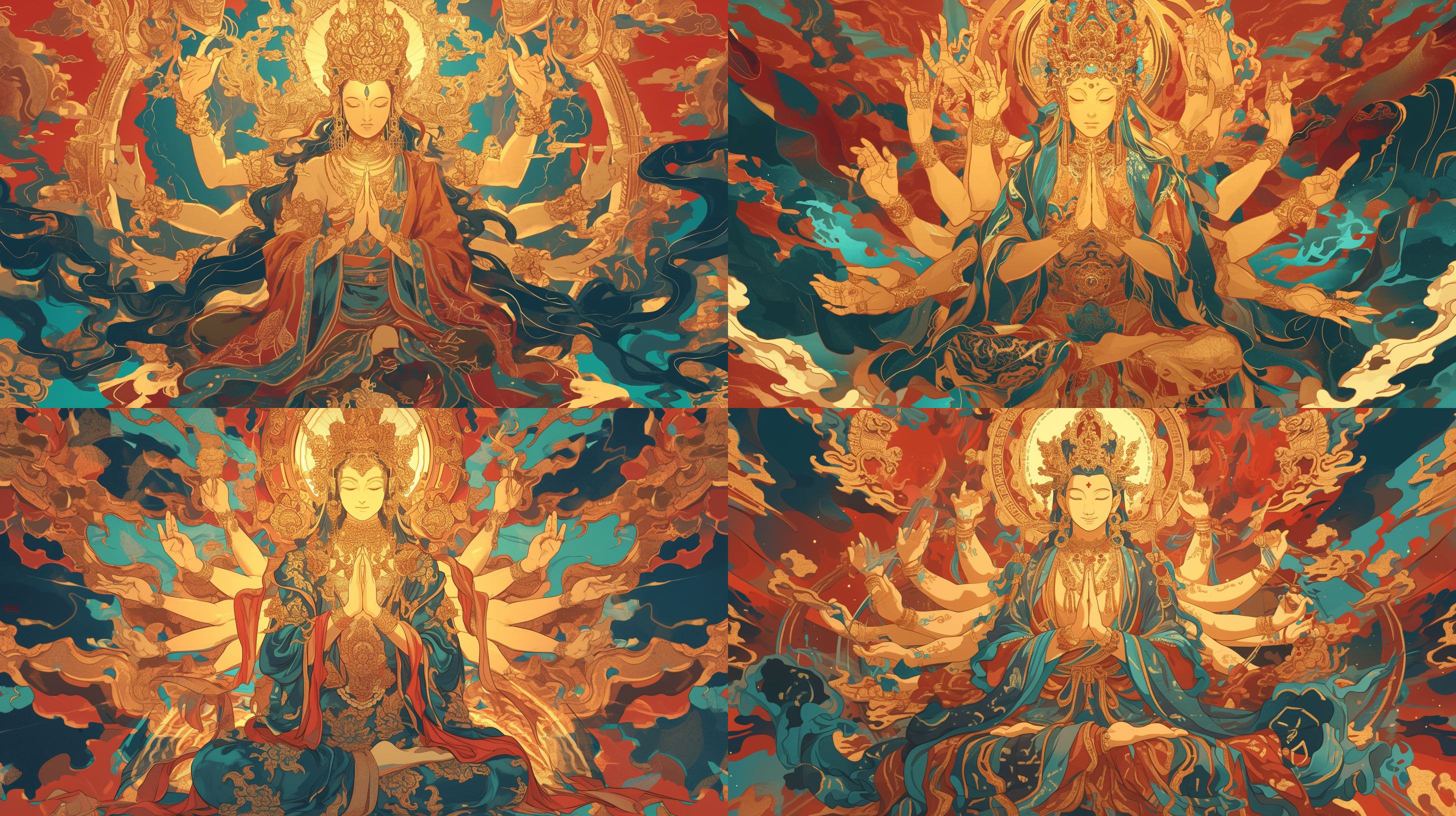 千手观音，复古背景，细致刻画，立体感，神圣氛围，柔光照射，静态姿势，不同颜色金色光晕，温暖色调，平面构图，庄严肃穆，宗教艺术