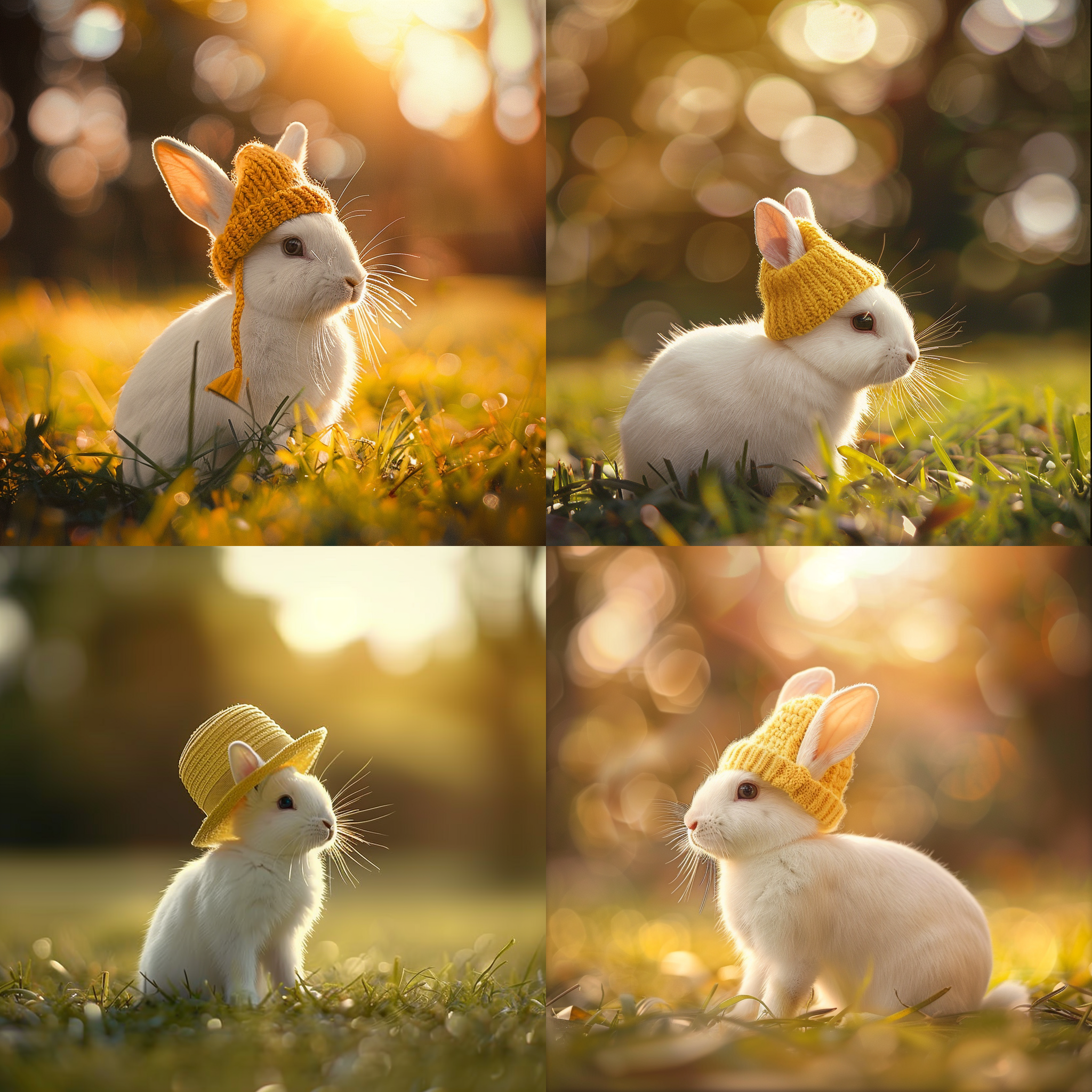 小白兔戴黄色帽子，草地上，逆光拍摄，柔和色调，长焦镜头，侧光，静态，可爱，温馨。