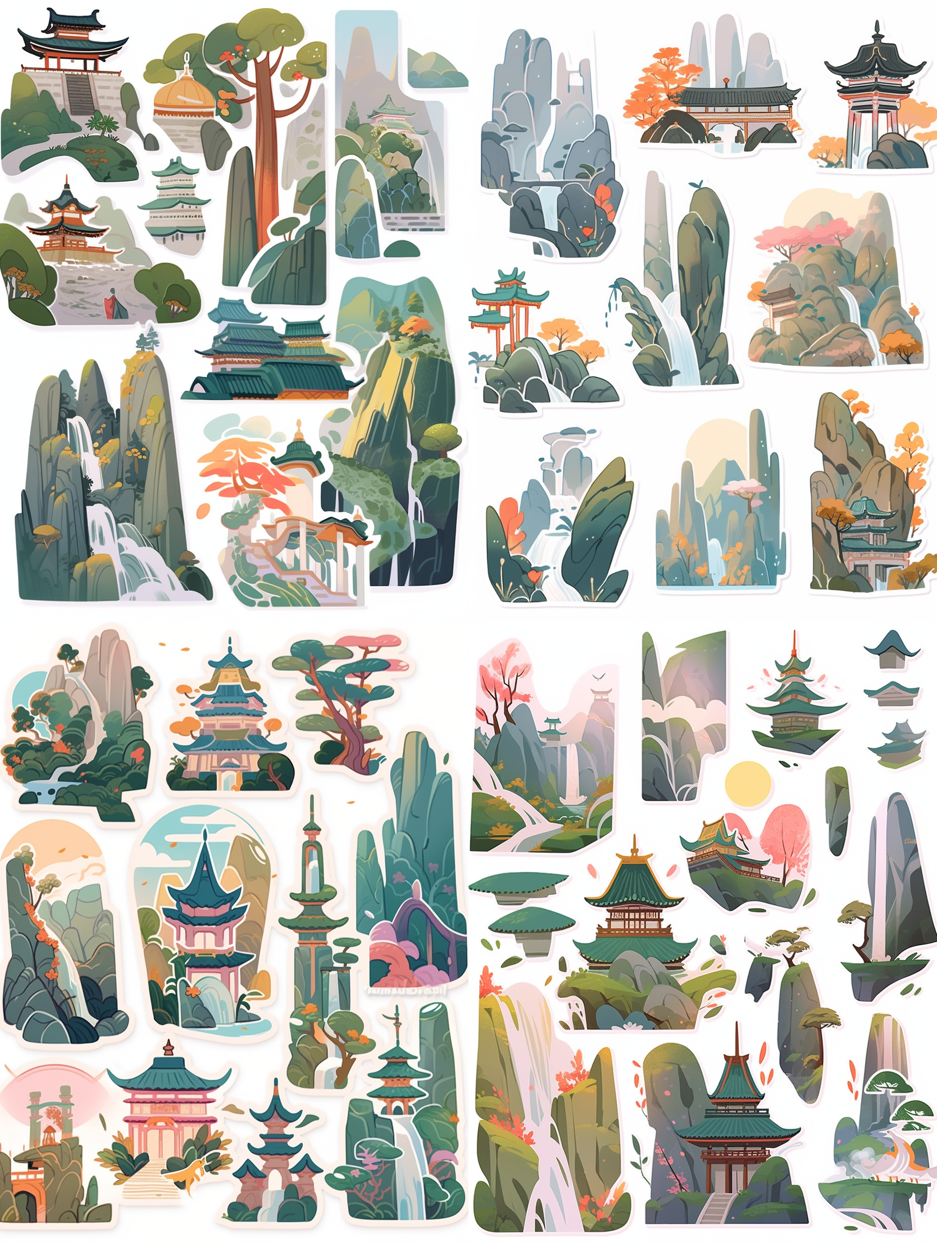 chinese ancient-style stickers, mountain temple scenery stickers, featuring green hills and flowing waters, mountain temples and pagodas, waterfalls, adorned with various flowers and plants, flying birds. creating a fresh and lively atmosphere with warm color tones, white background,flat illustrations,vector illustrations,
