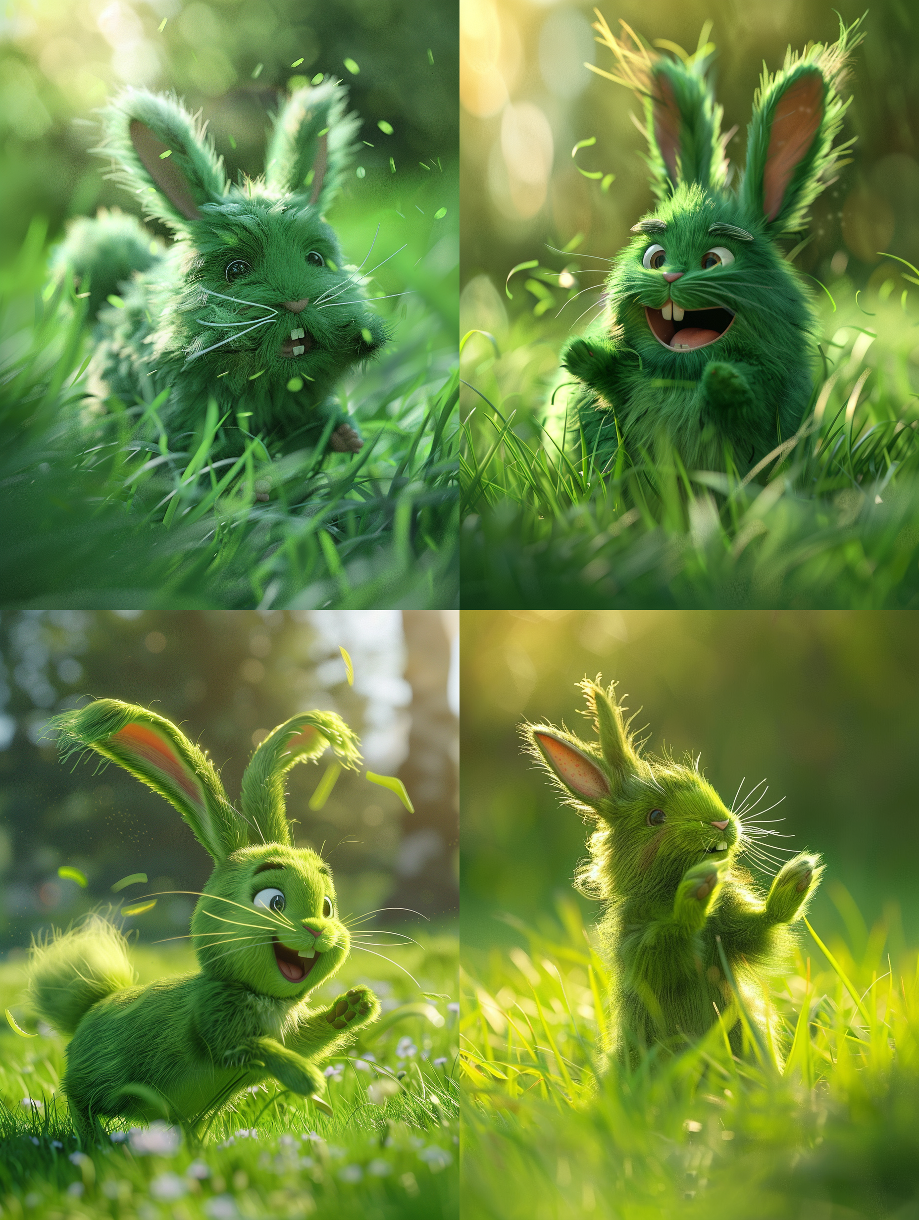 绿色毛茸茸兔子，皮克斯风格，草地上，明亮色调，中焦镜头，自然光，欢快跳跃，生动活泼。