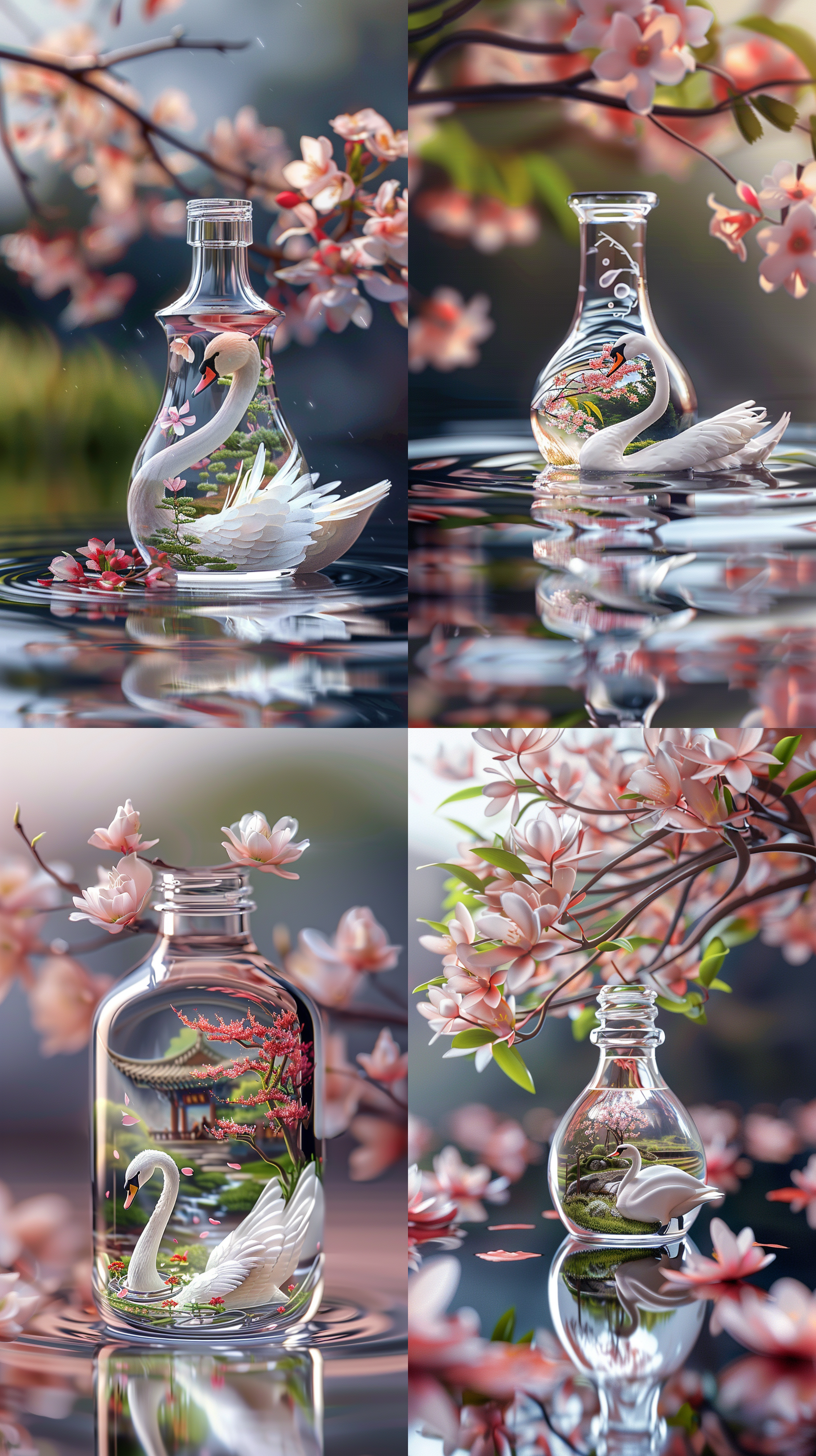 白天鹅瓶中，微景观，清澈水，高反差色调，和谐宁静，微距镜头，自然光，细节丰富，绿植倒影，精致细节，广角镜头。