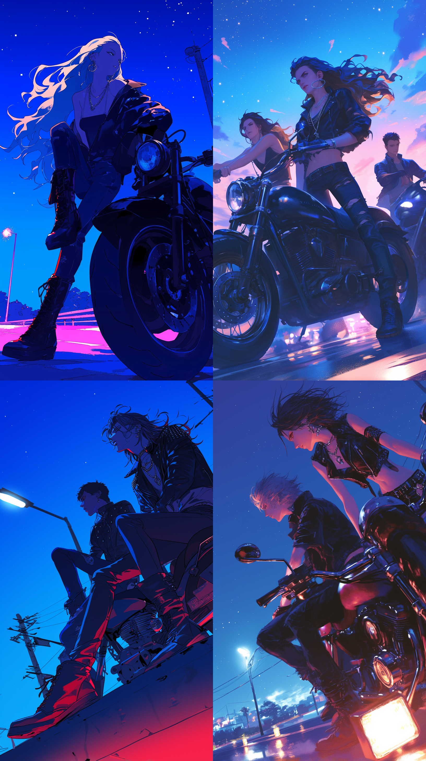 不良少年，摩托车，朋克，皮裤，皮靴，马甲，耳环，项链，酷酷的，长发，公路，半夜三更，路灯，星空