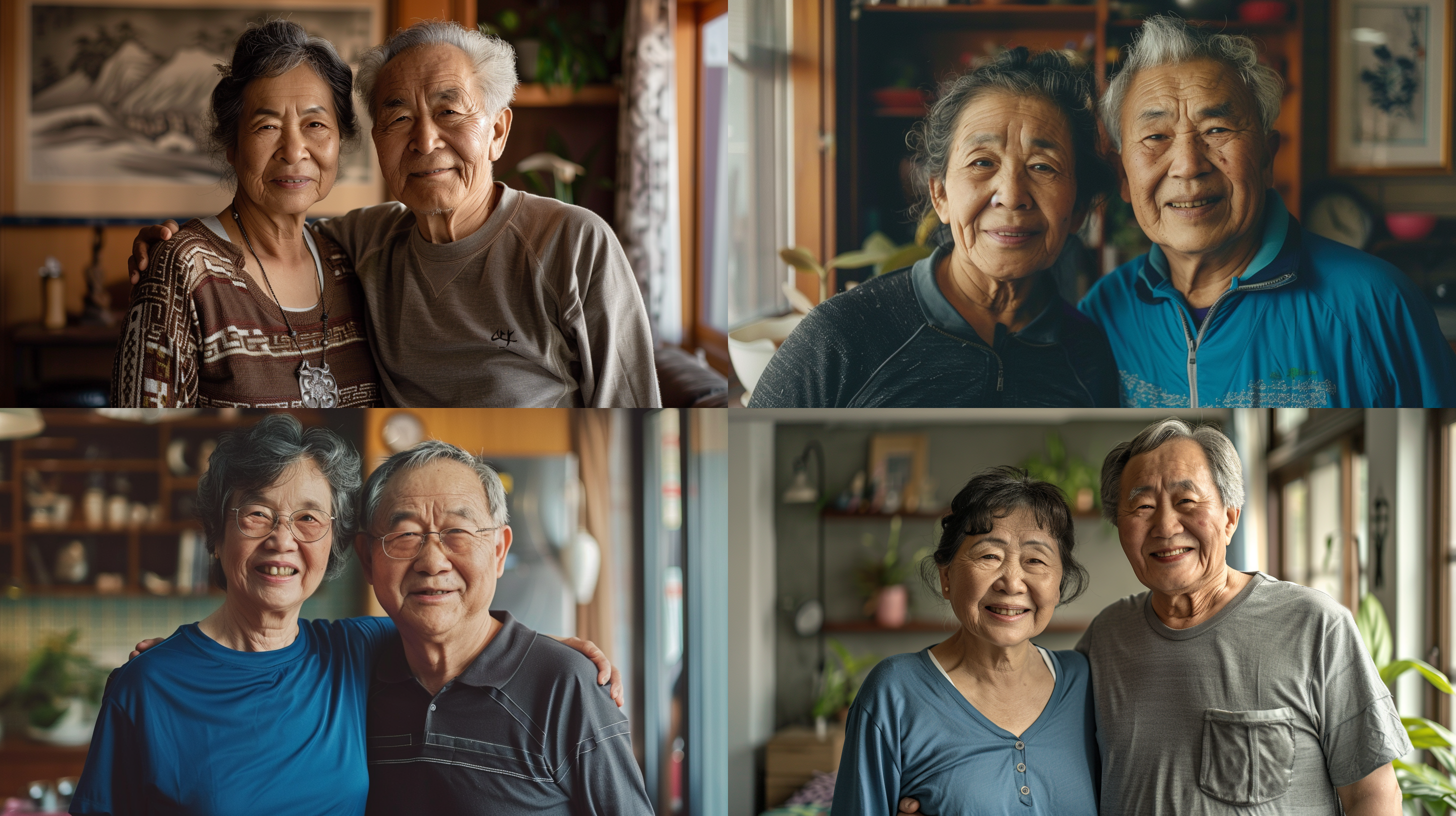 中国老夫妻，60岁，运动短袖，微笑，面向镜头，室内，全身，50mm镜头 portrait, elderly couple, smiling, facing camera, indoor, full body, 50mm lens, natural lighting, casual attire, warm tones, happy